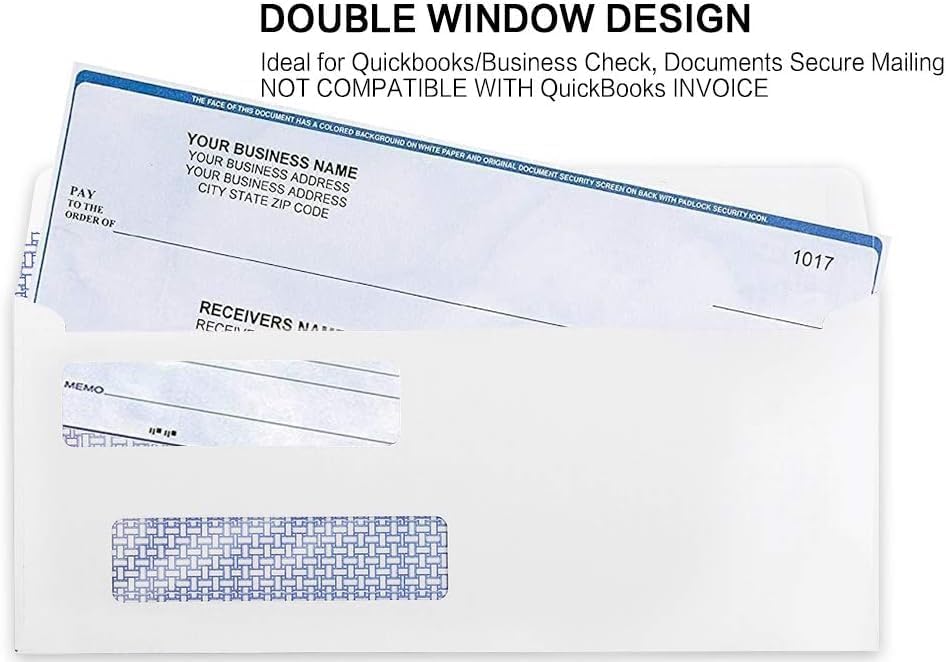 #8 Double Window Security Check Envelopes, No.8 Double Window Bussiness Envelopes Designed for QuickBooks Checks - Computer Printed Checks - 3 5/8 X 8 11/16 (NOT for INVOICES) - 24 LB - 100 PACK