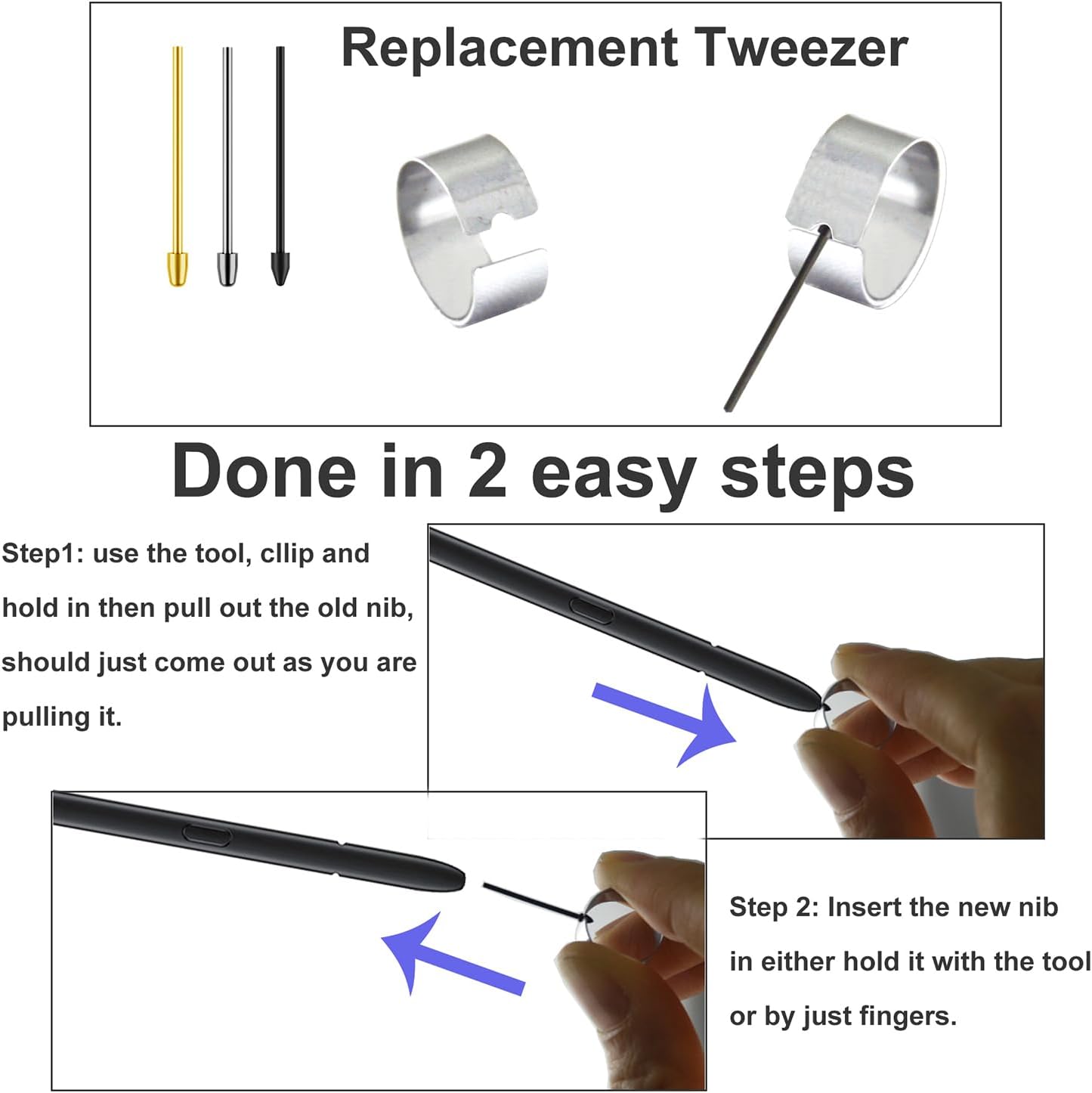 Metal Nibs/Tips Replacement for Samsung Galaxy Tab S10+/S10 Ultra/S9/S9FE+/S9 Ultra/S8/S8+/S8 Ultra/S7/S7 FE/S6/S6 Lite/S22/S23/S24 Ultra S Pen,Nibs/Tips+Clip + Organizer (4+10 pcs Set)