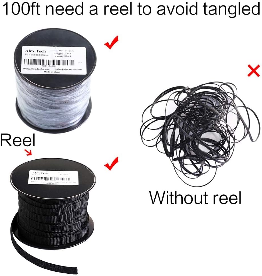 100ft - 1 inch PET Expandable Braided Sleeving – Black – Alex Tech Braided Cable Sleeve