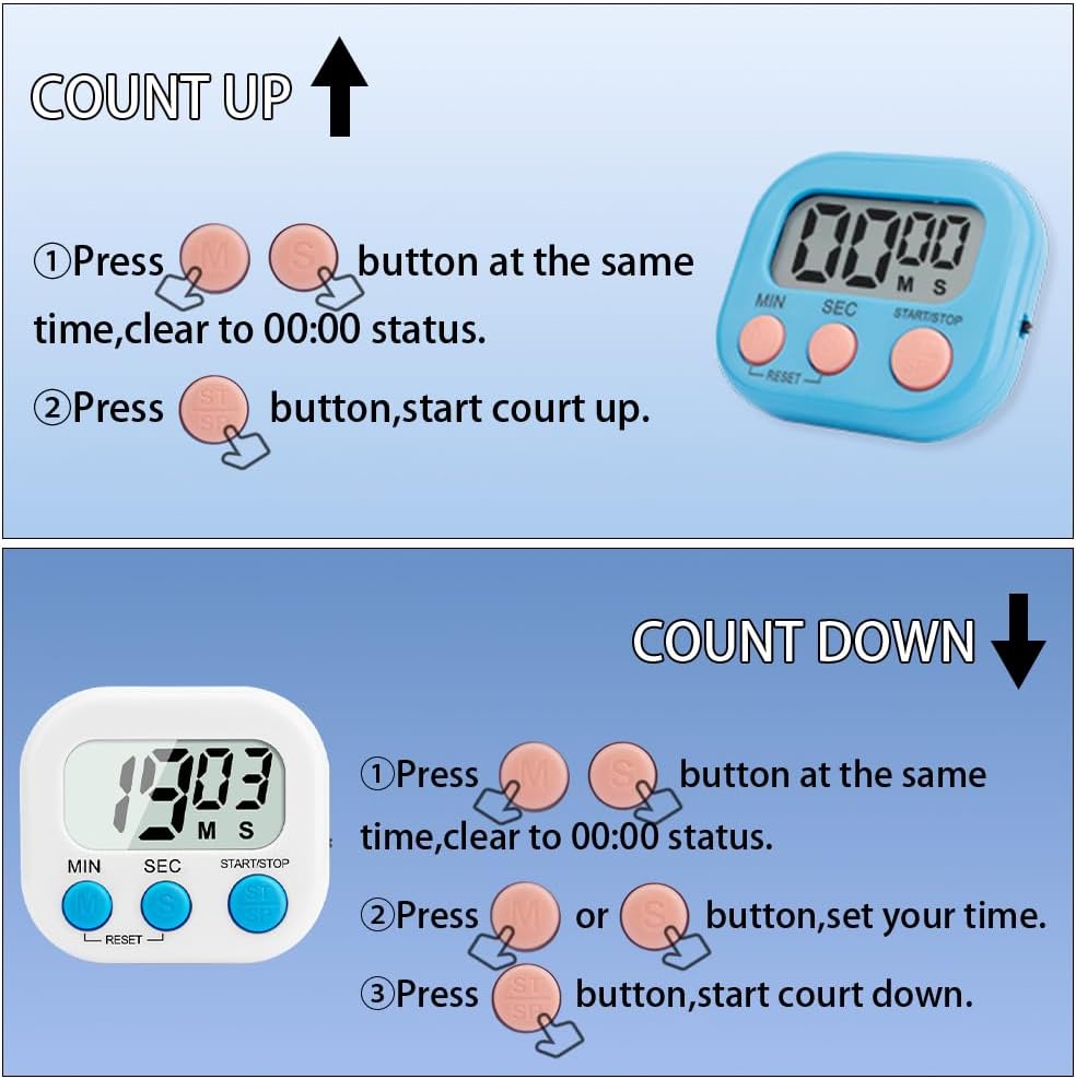 Digital Kitchen Timer, 6 Pcs Classroom Timers for Kids Teacher, Magnetic Countdown Minute Simple Timer for Cooking Study Exercise Game Baking Reading Gym Meeting Work Task (Blue/Green/White/Pink)