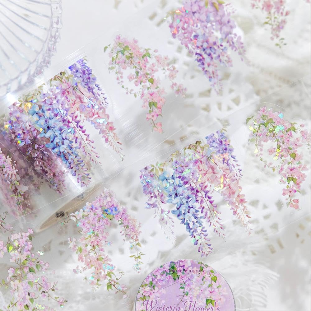 Holographic Garden Plant PET Tape Stickers for Journaling and Scrapbooking, 6 Rolls Precut Flower Branch Vines Decorative Tapes for Junk Journal Supplies, Bujo, Planners, DIY Crafts