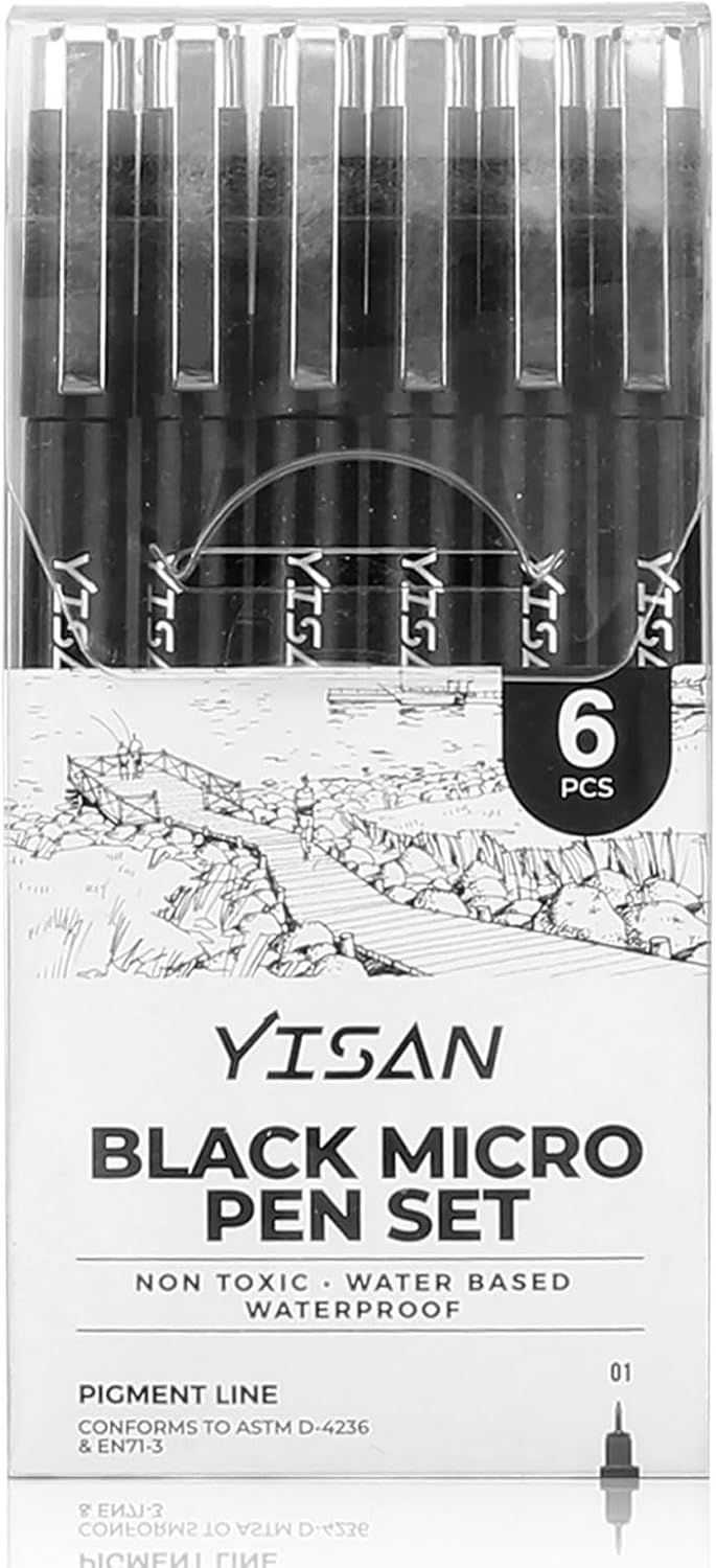 YISAN Ultra Fine Tip Pens Black 01,Extra Fine Point Writing Ink Pens,0.25mm No Bleed Thin Art Markers for Drawing,Bible,Manga,6 PCS,70320