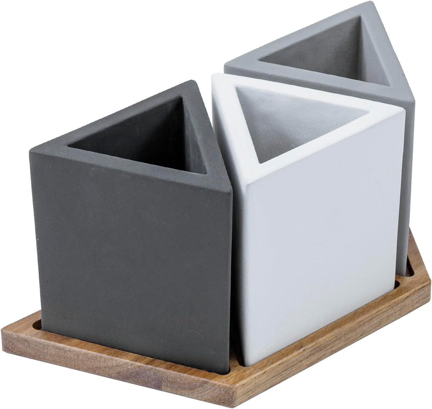 MyGift Modern Concrete Desk Organizer Set with 3 Triangular Gray-Tone Pen Holders and Acacia Wood Tray, 4-Piece Office Storage Solution for Pens, Pencils, and Supplies