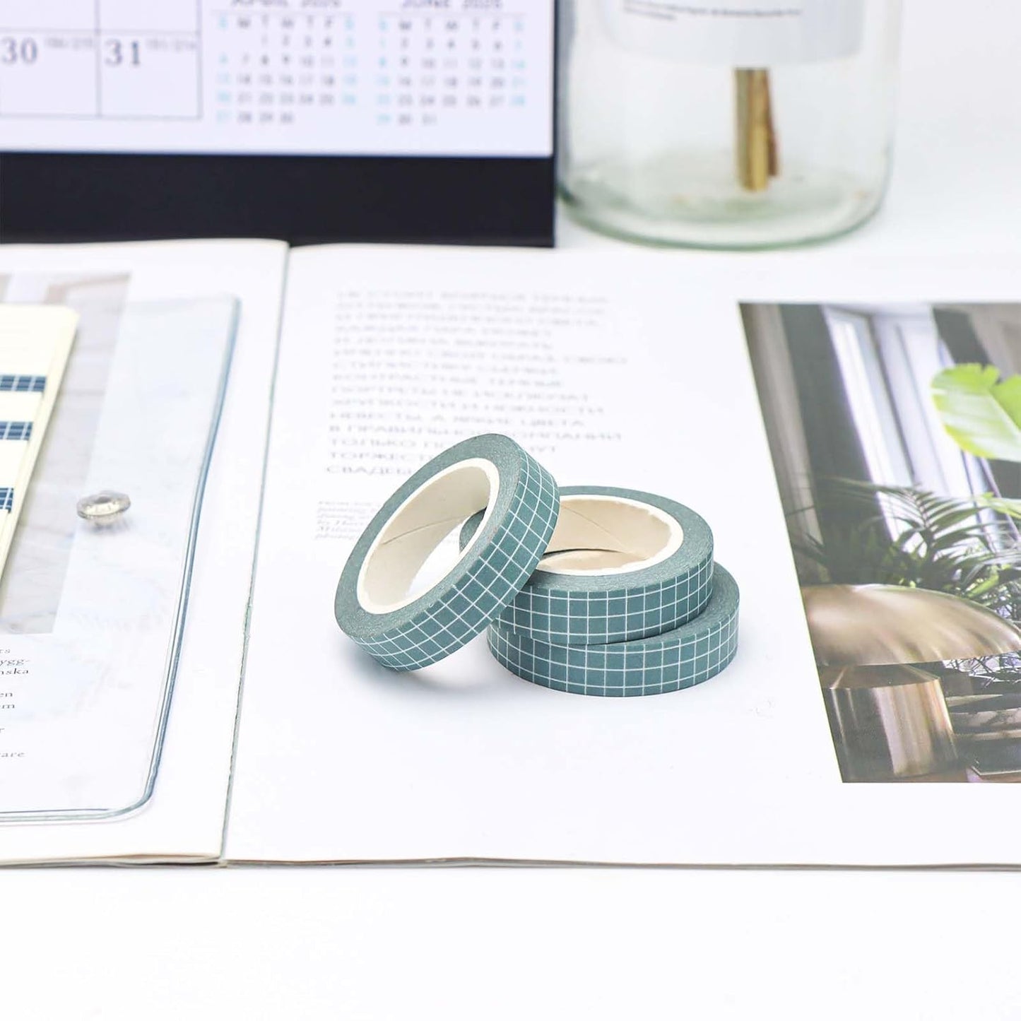 NatSumeBasics 2 Grid Washi Tapes 0.4" x 32ft Adhesive Masking Tapes Decorative DIY Scrapbooking Decor Planners Crafts Supplies Gift Wrapping (Maca Green)