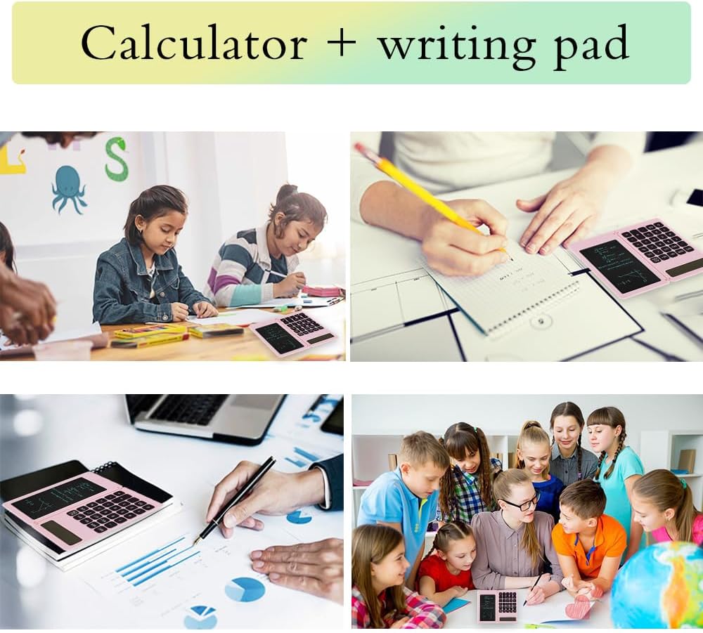 Desk Calculator, Desktop Small Calculators with Writing Notepad, Basic 4-Function Math Large Button Calculator, School Supplies for Kids, Middle/High School Students (Pink)