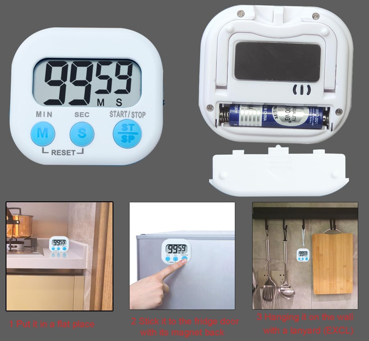 Digital Kitchen Timer, BESTWYA Electronic Timer with Clear LCD Screen Count Up and Down Function 3 Big Buttons On/Off Switch Button for Kitchen, Study, Work, Exercise Training (6, White)