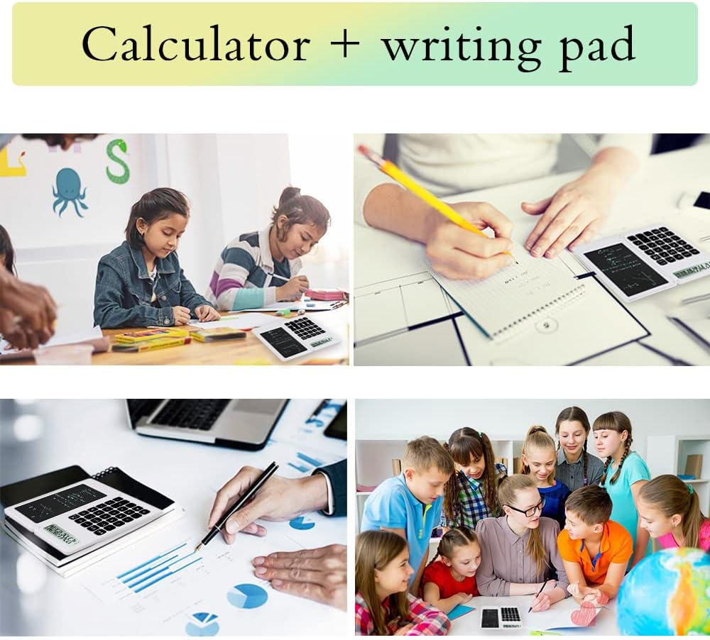 Desk Calculator, Desktop Small Calculators with Writing Notepad, Basic 4-Function Math Large Button Calculator, School Supplies for Kids, Middle/High School Students (White)