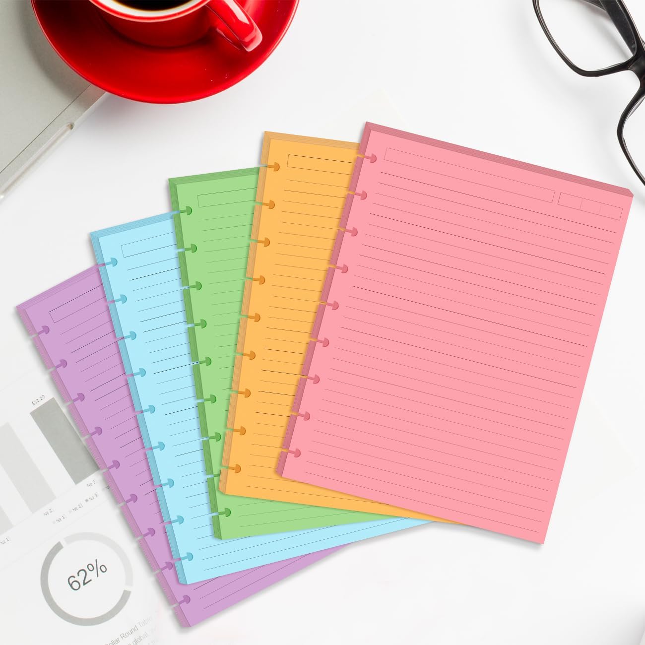 (2-Pack) 9-Disc Discbound 5 Colorful Line Paper Pre-punched Happy Planners Inserts, 200Sheets/400Pages Classic Size Line Loose-Leaf Paper, Per Color 40 Sheets, 7" x 9.25"