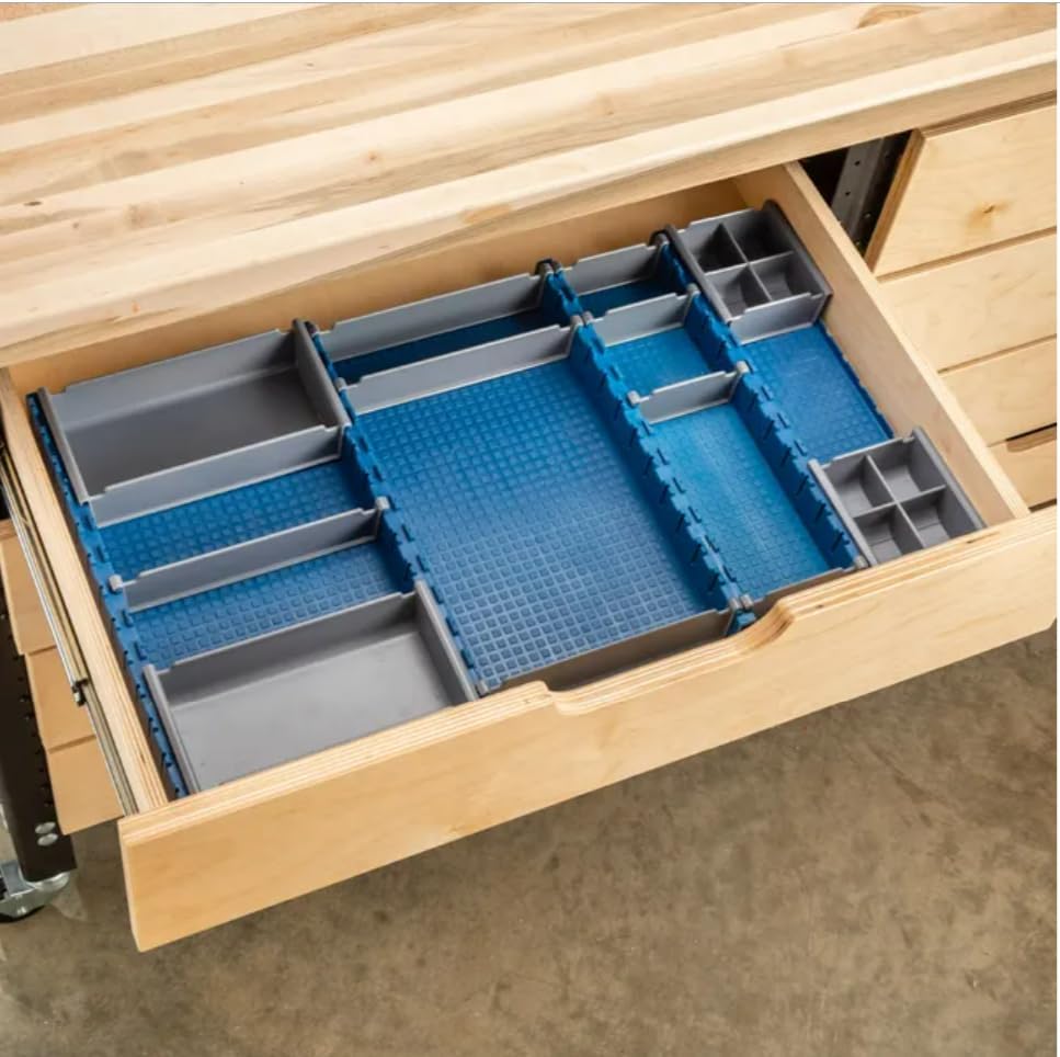 Lock-Align Drawer Organizer System 13 Piece Starter Kit - Trays, Organizer Bins & Dividers for Storage Drawers - Easy-to-Cut Synthetic Rubber Shop, Home, Office Organizer Trays Fits All Size Drawers