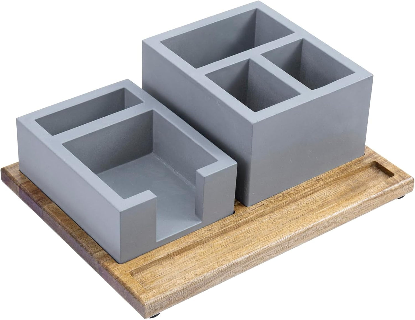 MyGift Desk Tray Concrete Desk Organizer Office Desktop Pen Holder Sticky Note Storage & Acacia Wood Tray – 3-Piece