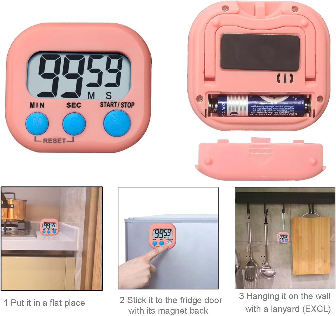 Digital Kitchen Timer, BESTWYA Electronic Timer with Clear LCD Screen Count Up and Down Function 3 Big Buttons On/Off Switch Button for Kitchen, Study, Work, Exercise Training (6, 3 Colors)