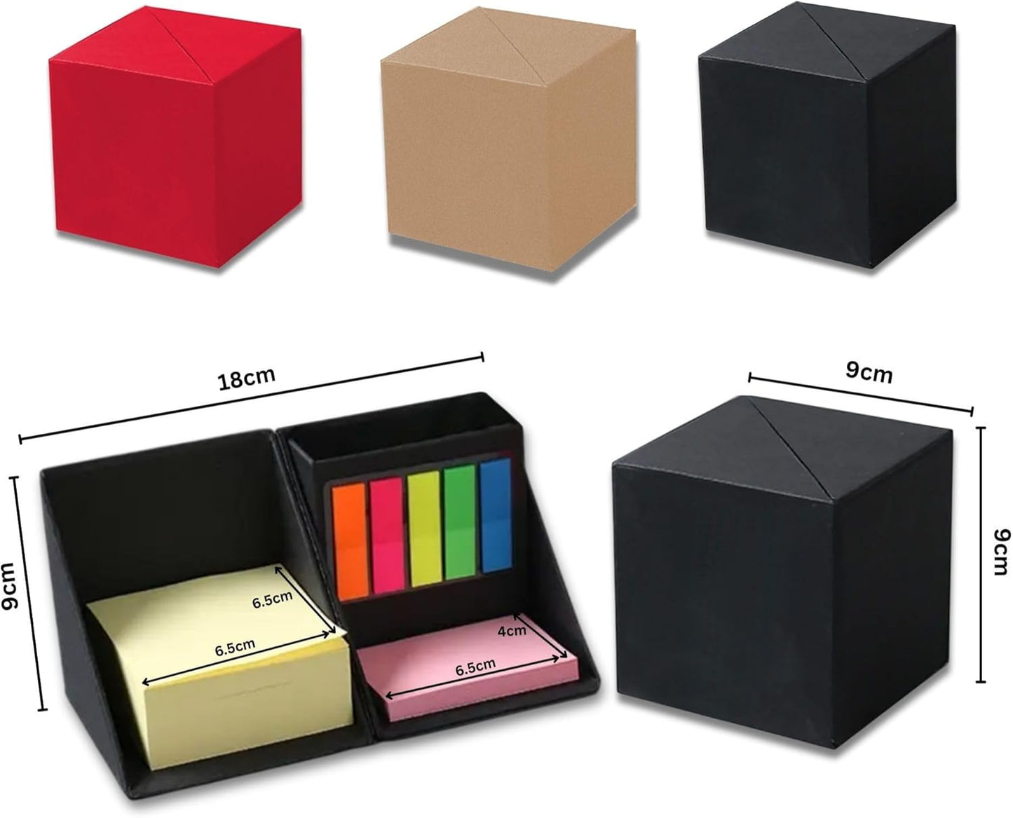 Sticky Notes Organizer Cube with Pen Holder, 3-in-1 Memo Pad Set with 300 Yellow Notes, 50 Pink Pads & 125 Translucent Tabs, Portable Desk Organizer for Home, School, and Office Desk (Brown)