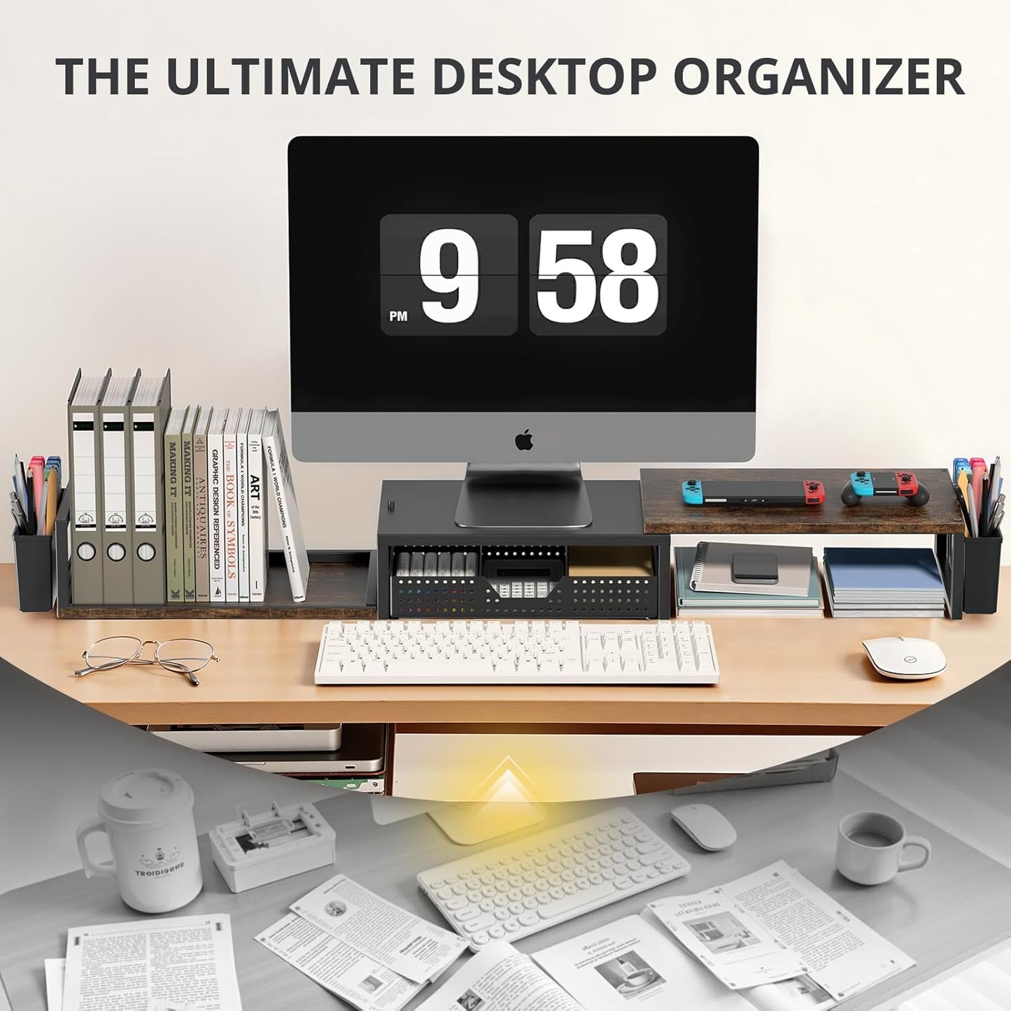 OPNICE Wood Desk Organizers and Accessories, Dual Monitor Stand Riser with Drawer and 2 Pen Holders, Desk Shelf Computer Racks for Office Workspace Organizers, Desktop Organization (Rustic Brown)