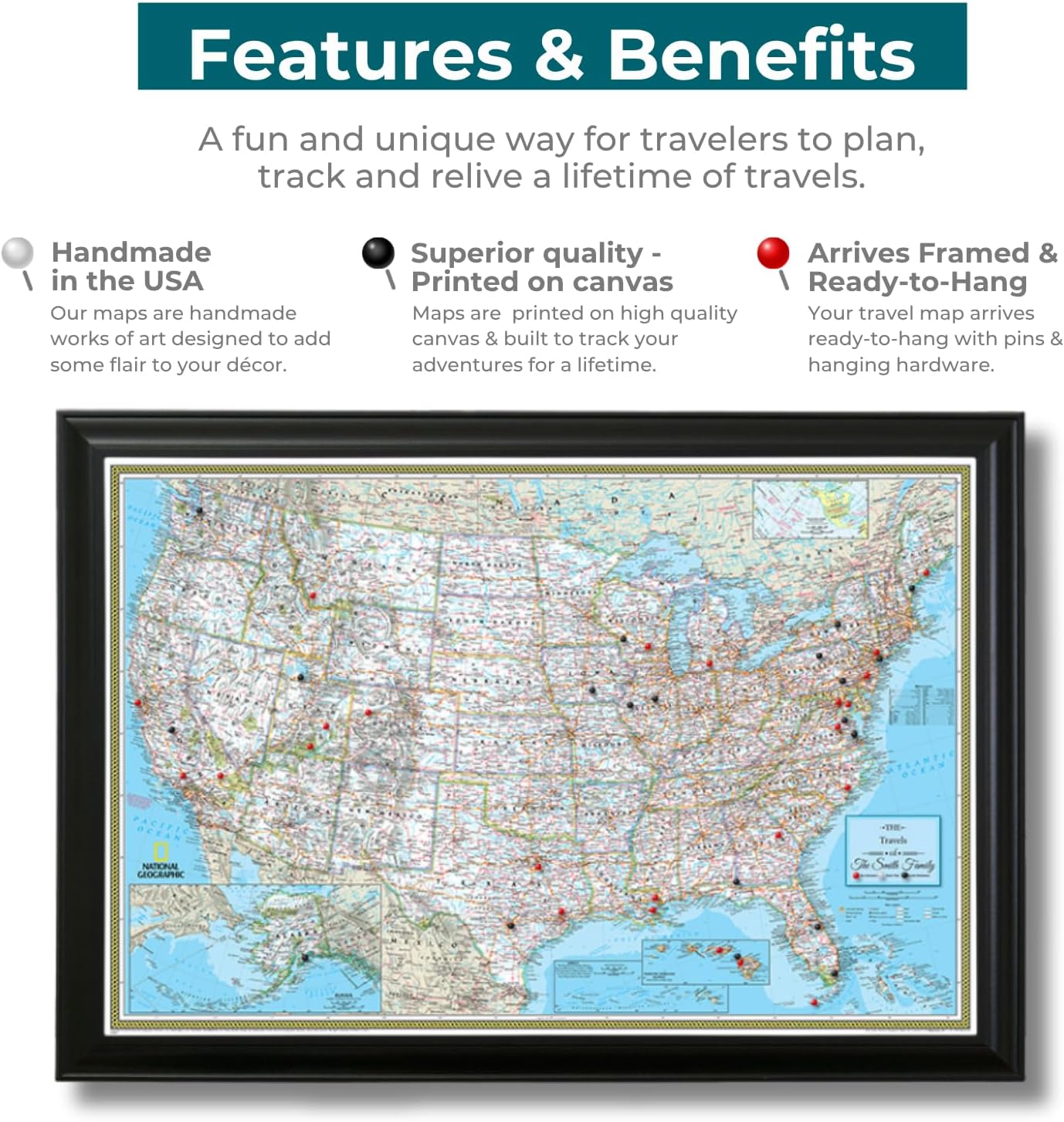 Personalized Classic USA Map Pin Board for Tracking Journeys - Framed United States Travel Map with Pins for Wall - 27.5" x 39.5" Barnwood Gray Frame