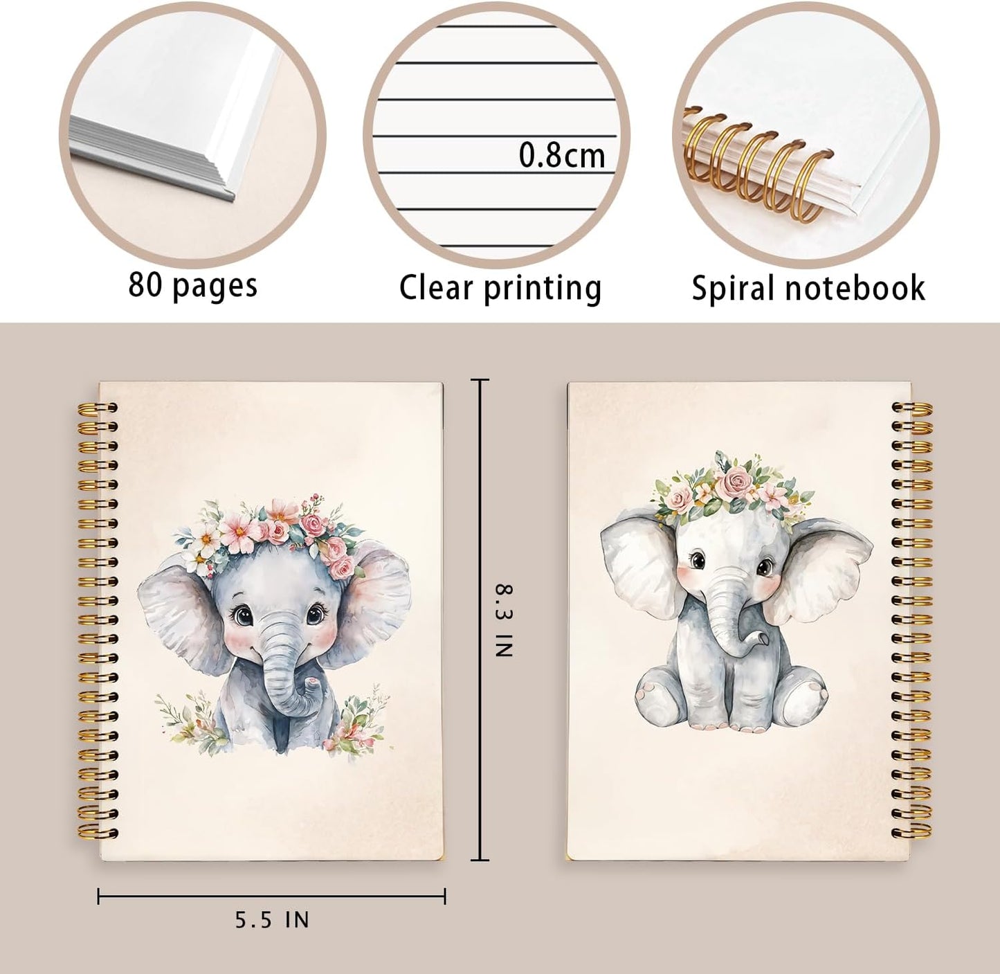 Cute Floral Elephant Notebook Journal for Kids, Elephant Gifts Notebooks for Women, Animal Lover Gifts Journal, Watercolor Baby Wild Animal Hardcover Spiral Notebook 5.5x8.3 Inch