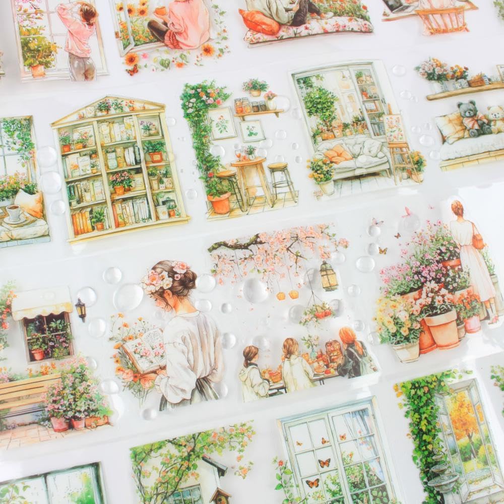 Transparent PET Window Garden Plant Flower Stickers Tape for Journaling, 6 Rolls Assorted Spring Themes Decorative Tape Set for Scrapbooking, Junk Journal Supplies, Bujo, DIY Arts Crafts