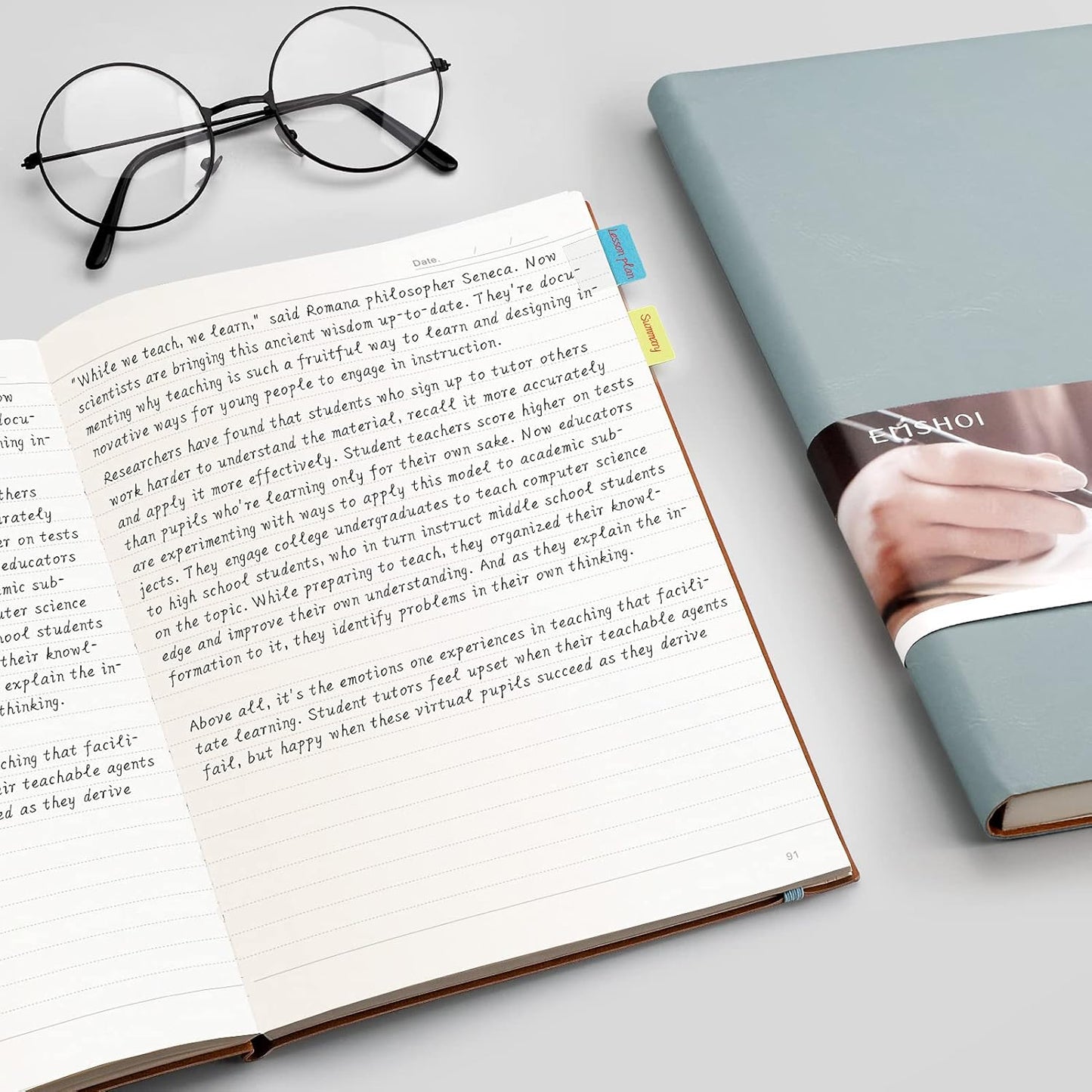 EMSHOI Notebook College Ruled - B5 Large Thick Notebook Leather Journal with Free Sticky Notes, 204 Numbered Pages,100gsm Thick Lined Paper, Softcover, 7.5"x10"-GrayBlue