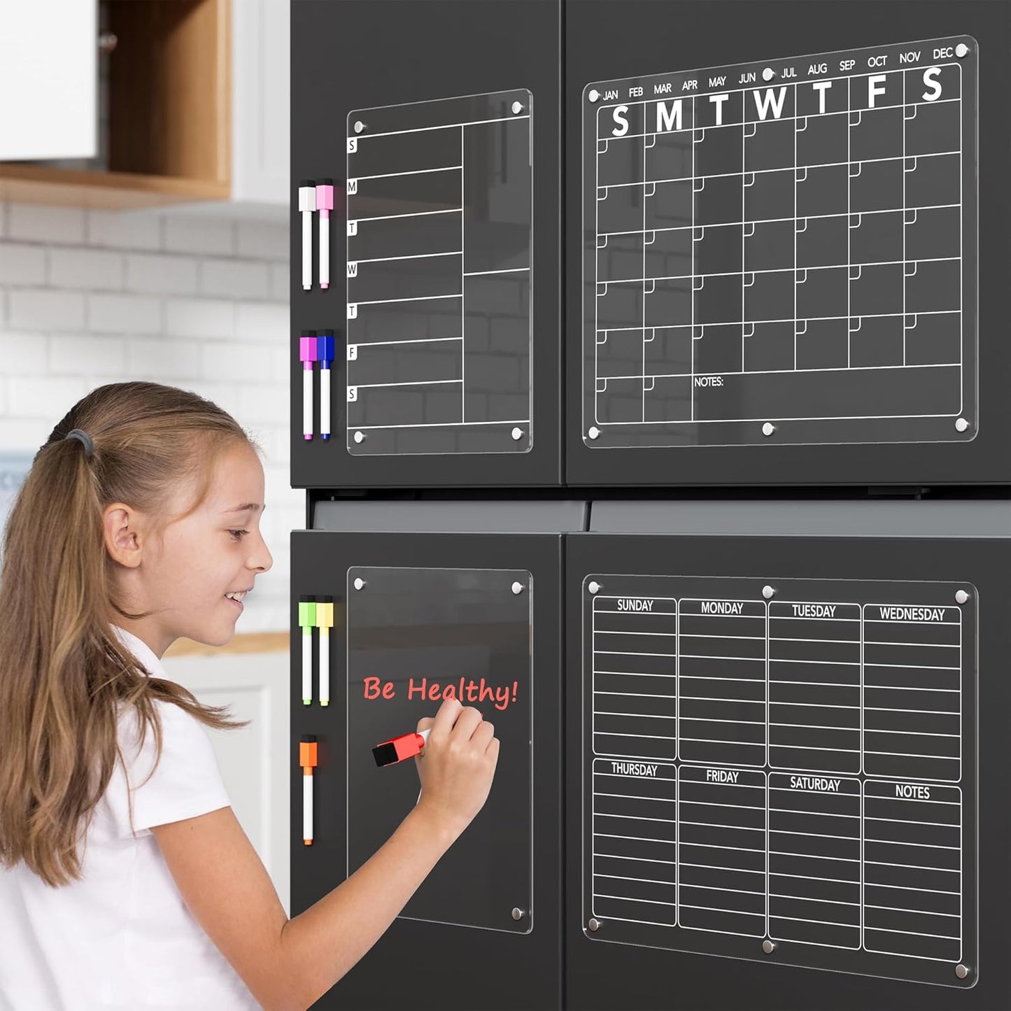 4Pcs Acrylic Magnetic Dry Erase Board Calendar for Fridge, Clear Monthly Weekly Daily Meal Menu Planner Whiteboard for Refrigerator, Notepad Memo White Board, w/ 8 Colors Markers, 15"x11"