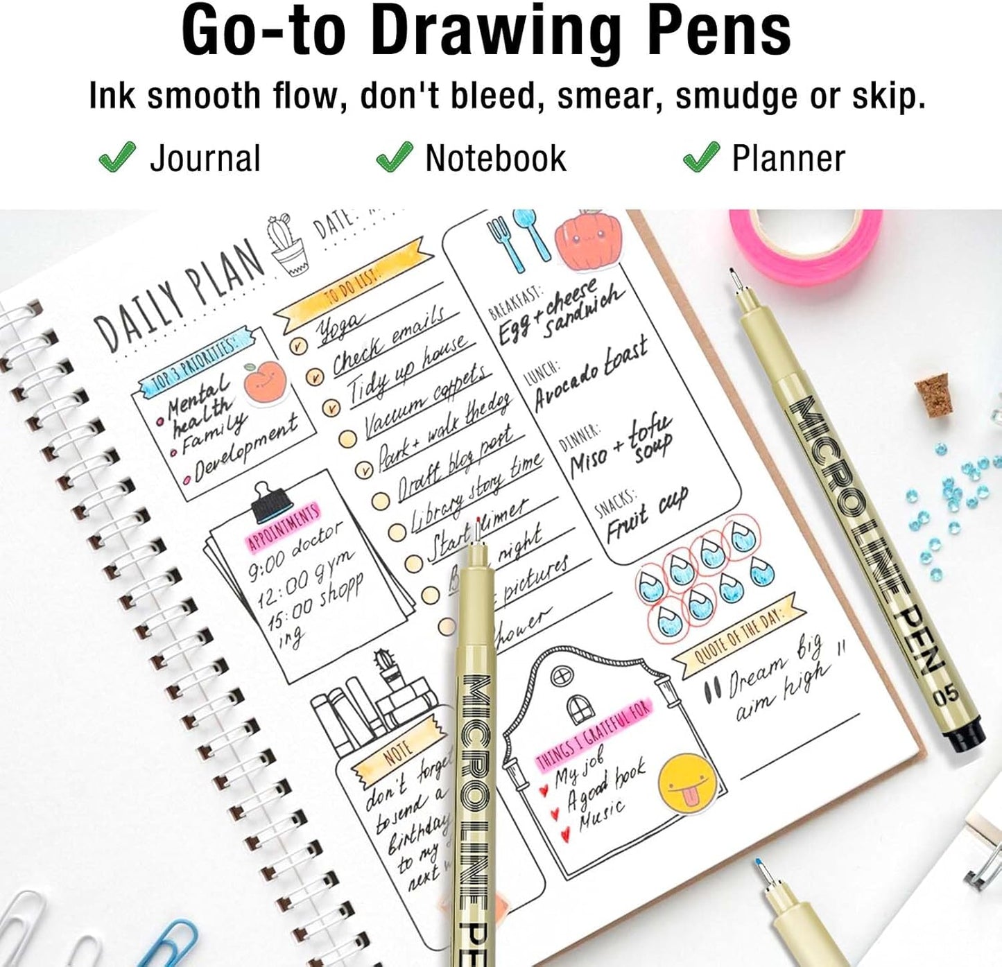 KERIFI 05 Micro Fineliner Drawing Art Pens: 12 Colors 0.45mm Multiliner Fine Liner Pens, Fine Point No Bleed Waterproof Archival Ink Pen Set for Bible Journal Watercolor Zentangle Kit Stuff Supplies