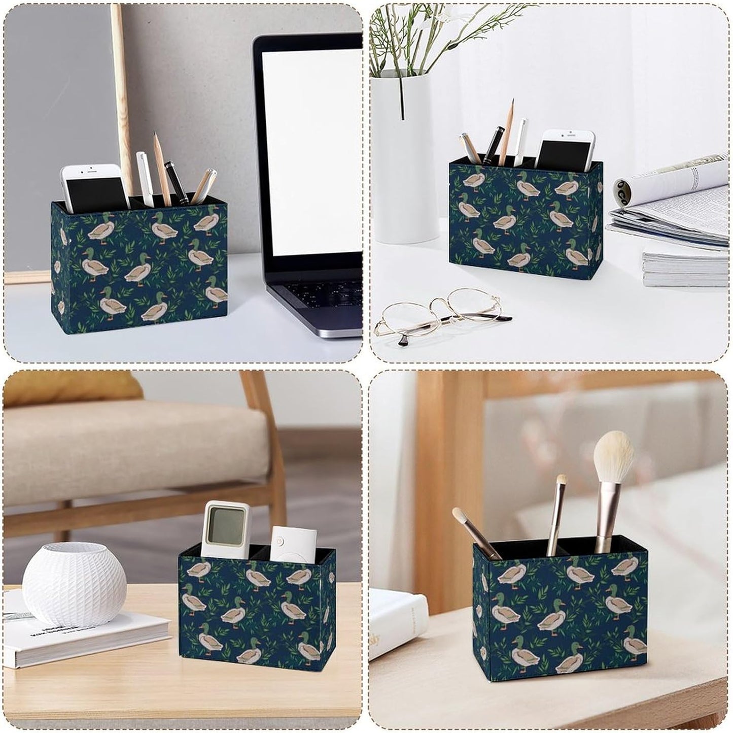 Famame Cute Farm Animal Mallard Duck Pencil Holder for Desk, Leather Desktop Container Pen Cup Storage Study Table Pen Organizer Makeup Brushes Holder for Office Home