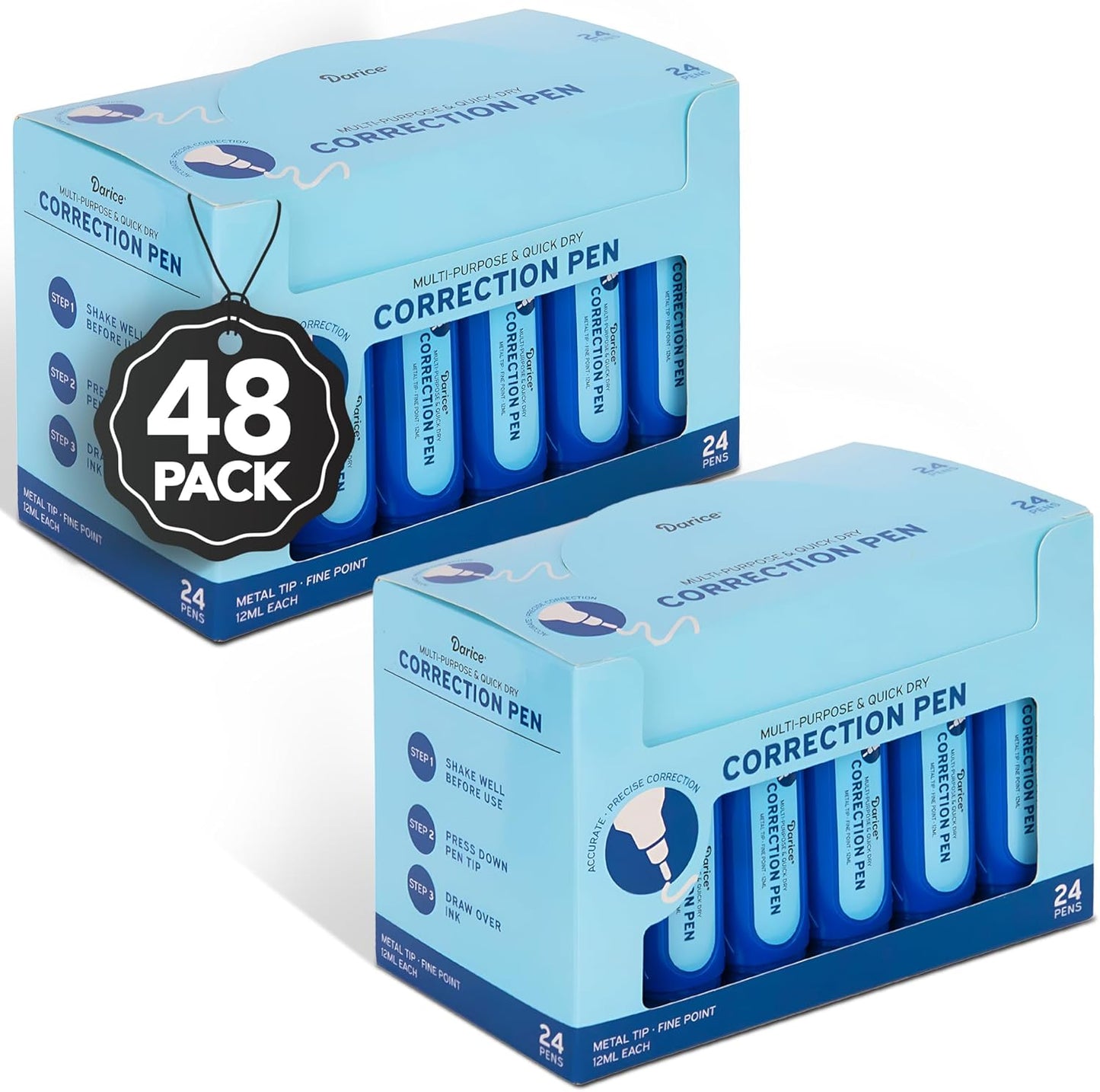 Darice Liquid Correction Pen Box of 48 - Multi-Purpose Liquid White Out Pen with Metal Tip for School, Office & Home