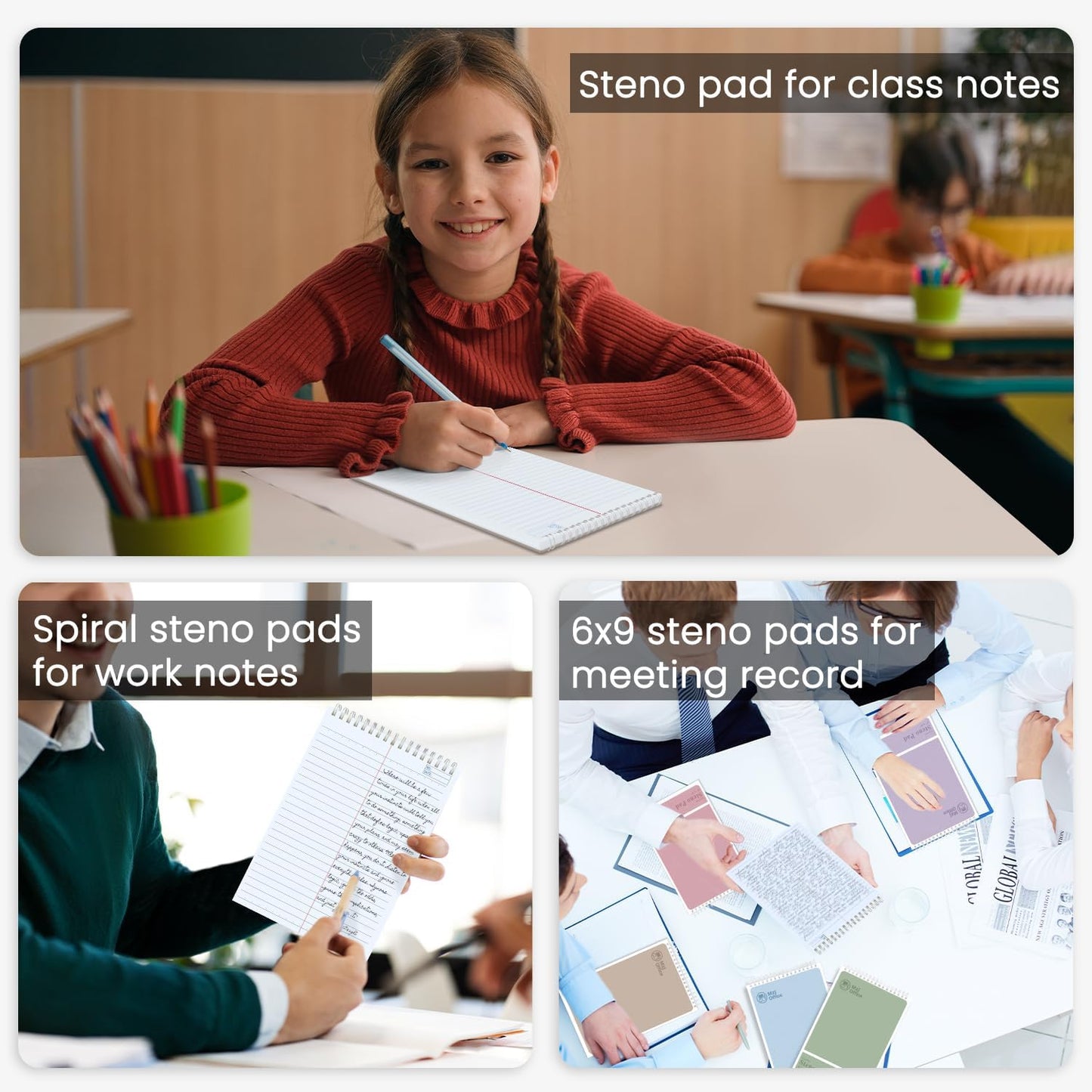 Steno Notebooks Top Spiral 6x9 | Steno Pads -5 Assorted Color | Steno Notepad Gregg Ruled | Spiral Notepads for Work, School, College, Office Note Taking | Professional Notebooks for Work.