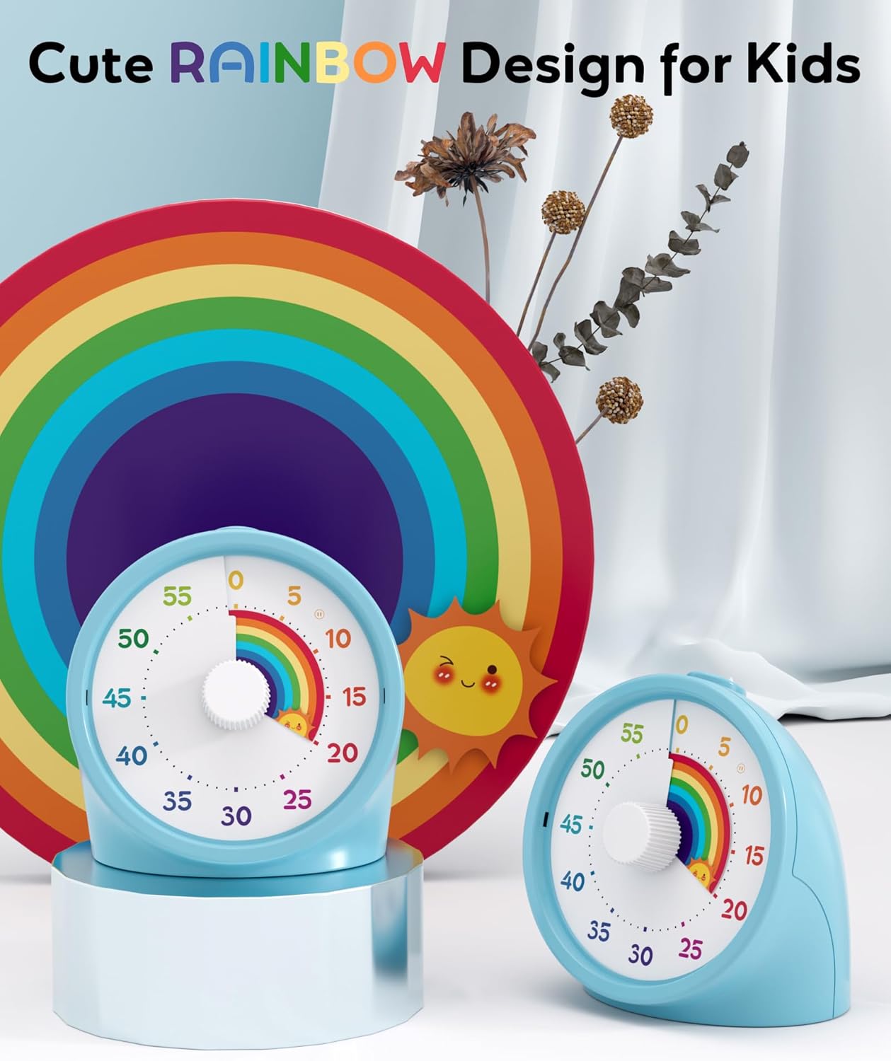 BellMan Visual Timer with Pause Button, 60 Minute Countdown Rainbow Timer for Kids and Adults with Silent Operation, Study and Meetings Time Management Tool, for Home, Office and Gift, Light Blue