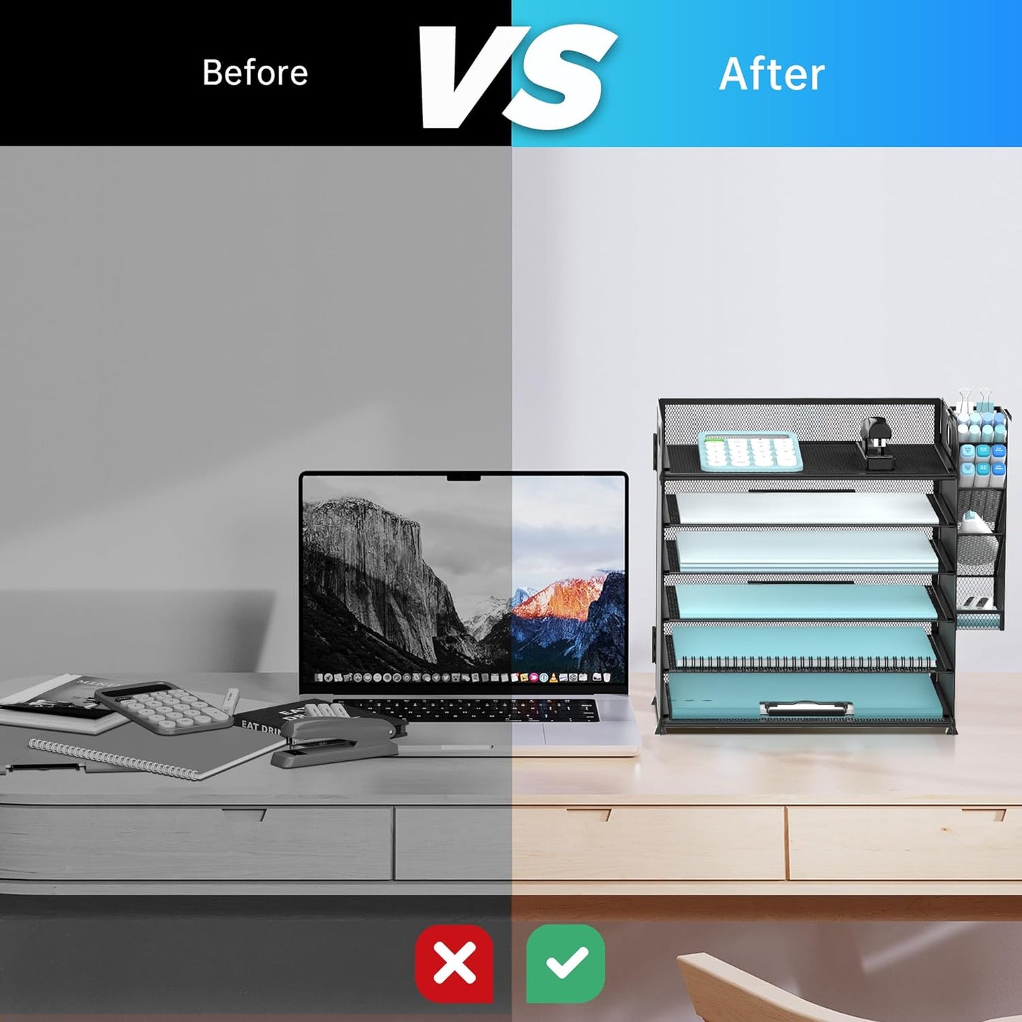 SUPEASY 6 Tier Desk Organizer with 4 Pen Holders, Mesh Paper Organizer Letter Tray with Handle, Desk Organizer Tray File Organizer for A4 File Folder, Black