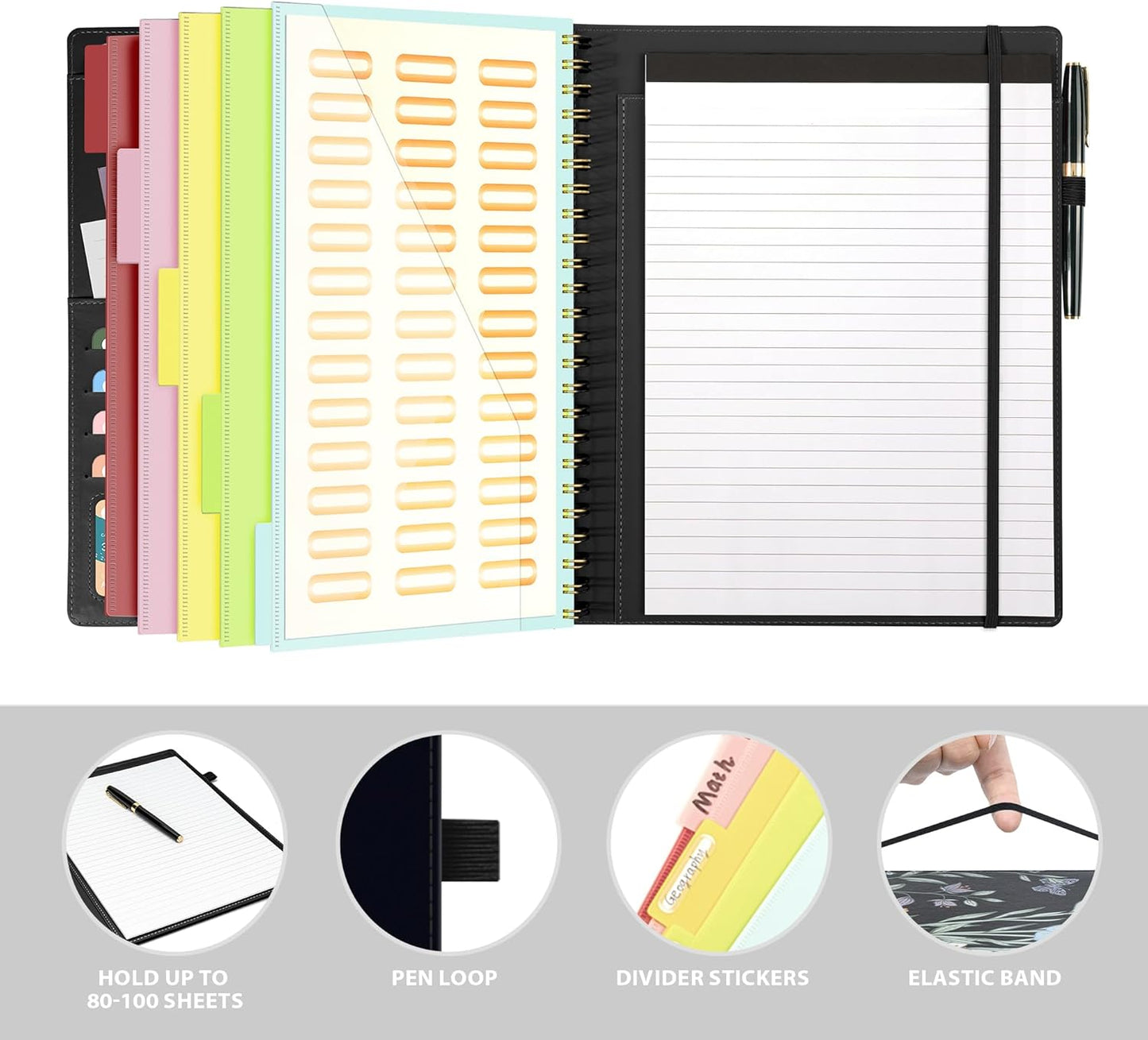 Ospelelf Clipboard with Storage for Women, Leather Padfolio Portfolio Organizer 5 Folders with 10 Pockets, Spiral Clipboard Folio with Notepad for Letter Size, Elastic Closure and Pen Loop Floral