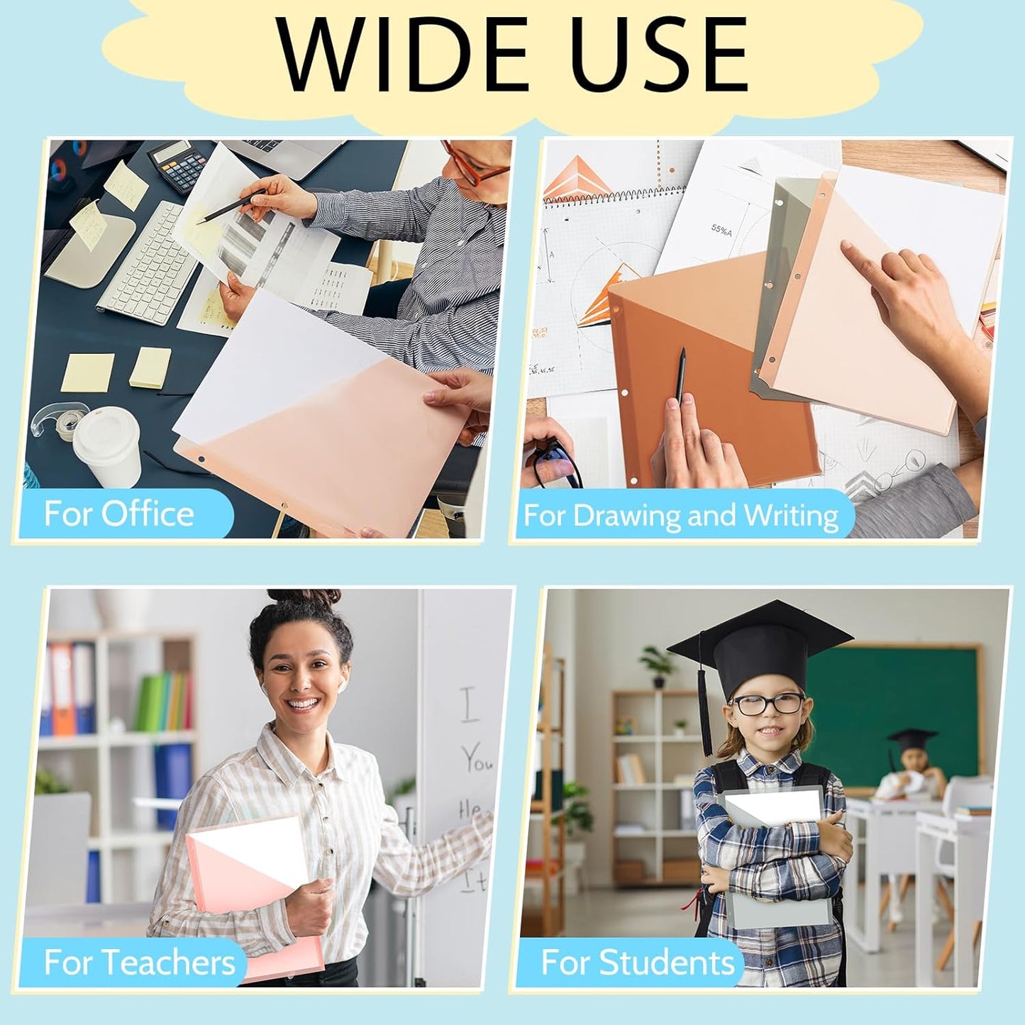 Maitys 50 Pack Binder Pockets 3 Hole Punch Clear Plastic Document Folders Binder Organizer Store Letter Size 8.5x11 Inch Paper Folders with Pockets Slash File Jacket for Office (Vintage Color)