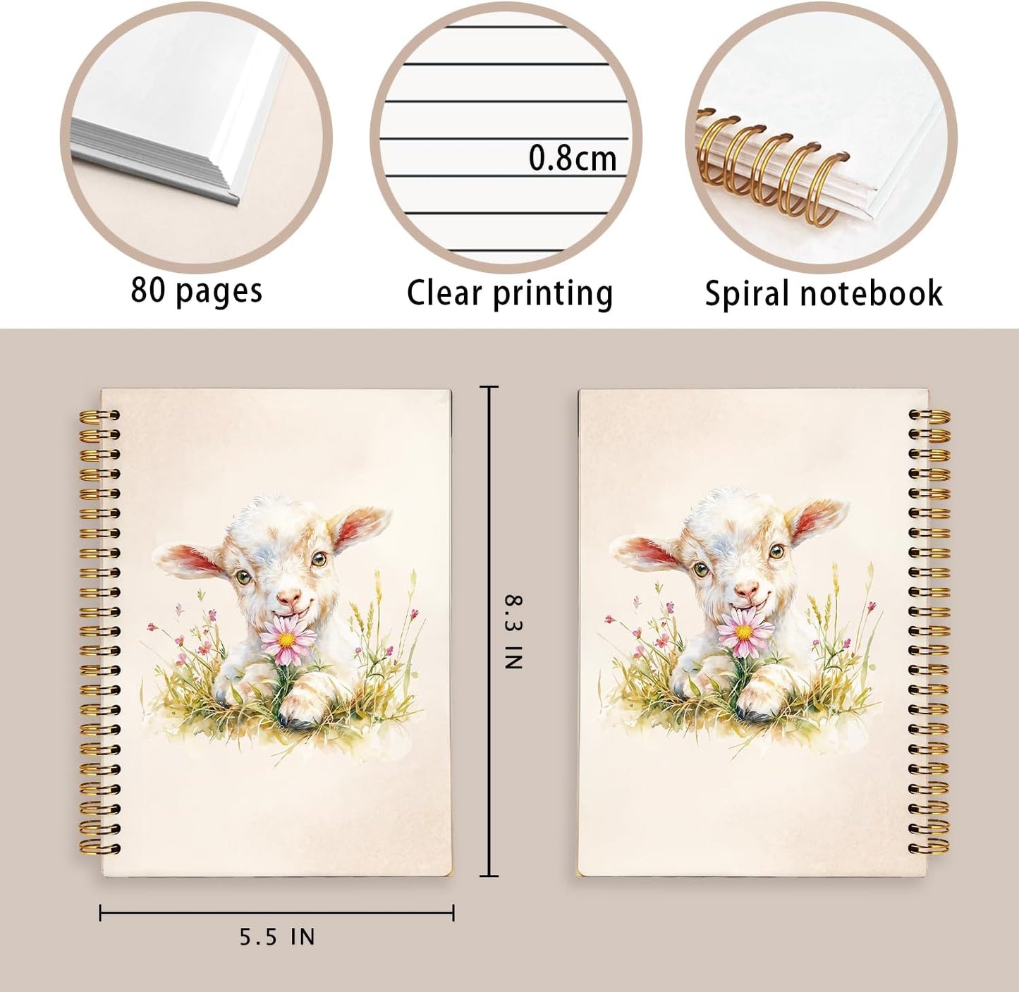 Cute Floral Goat Notebook Journal for Kids, Gifts for Goat Lovers Notebooks for Women, Animal Lover Gifts Journal, Watercolor Cute Farm Animal Hardcover Spiral Notebook 5.5x8.3 Inch