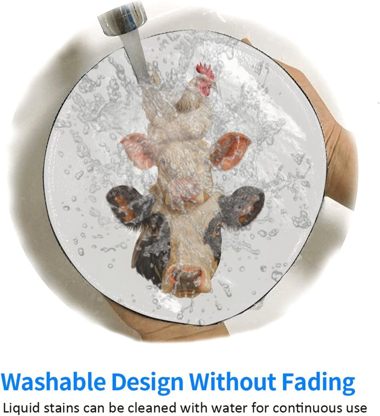 Funny Farm Animal Mousepad Non-Slip Round Print Stitched Edges Rubber 8in