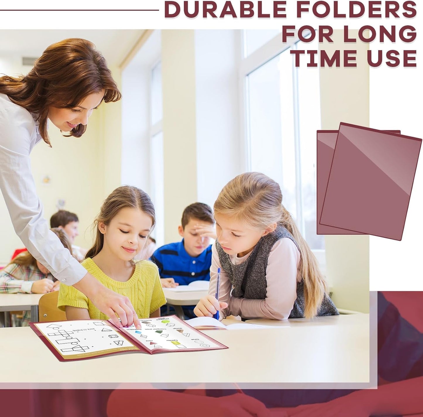 Henoyso 24 Pcs School and Home 2 Pocket Folders with 4 Clear Inner Pockets Plastic Heavy Duty Homework Folders Parent Teacher Communication for Student Home Office Classroom,11 x 9 Inch (Dark Red)