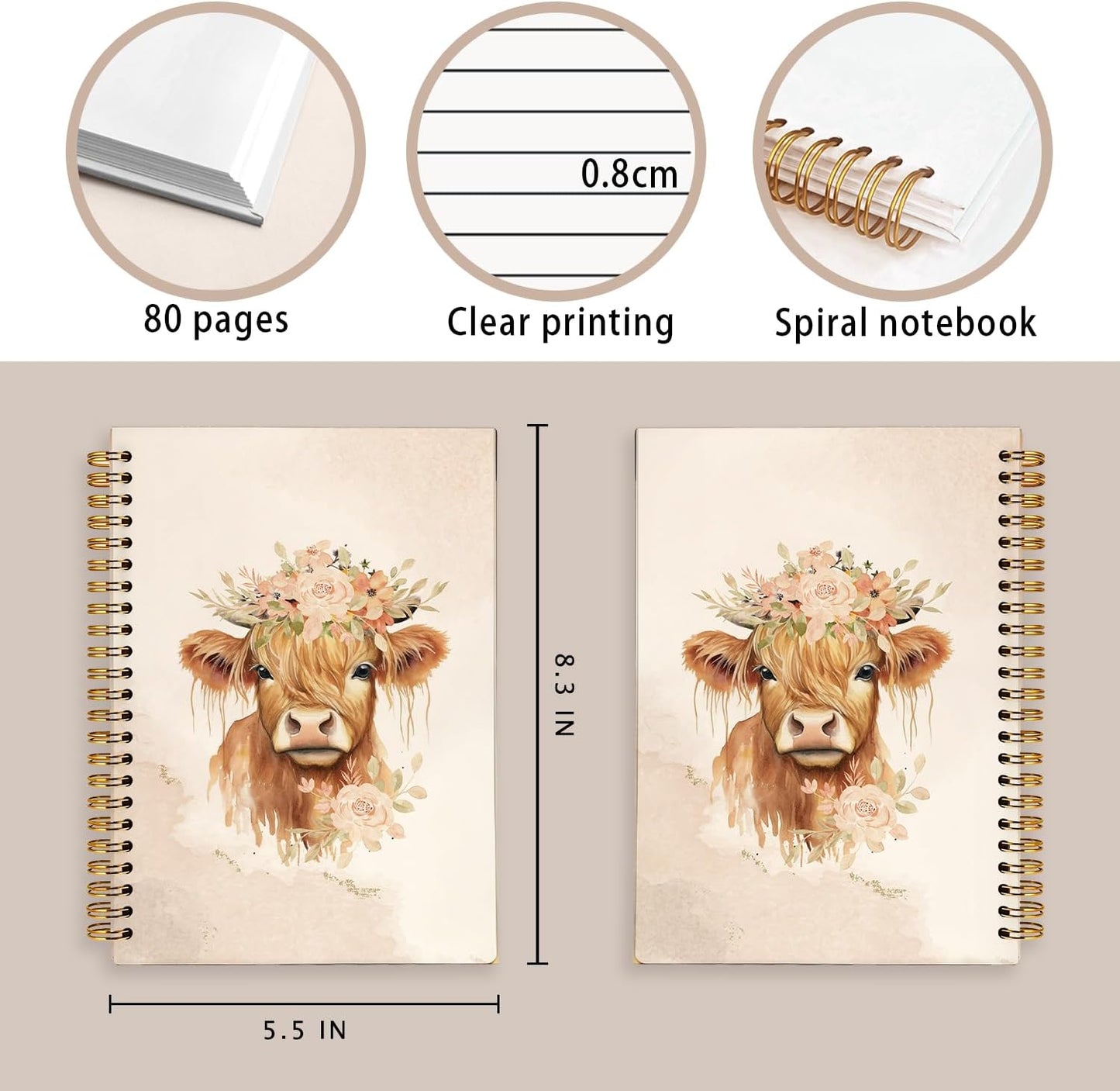 Floral Cow Watercolor Notebook, Cows Lover Gifts Notebooks for Note Taking, Cows Gifts for Women Journal, Cute Western Flower Fluffy Cow Journals for Writing, 5.5x8.3 Inch