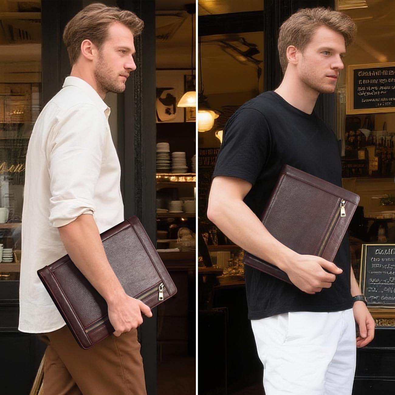 Augus Genuine Leather Portfolio with Zipper for Men/Women, Padfolio Business Resume A4/Pad, Folder Organizer, with Document Pocket, ID Window, Card Slots, Pen Holders (Brownish Red)