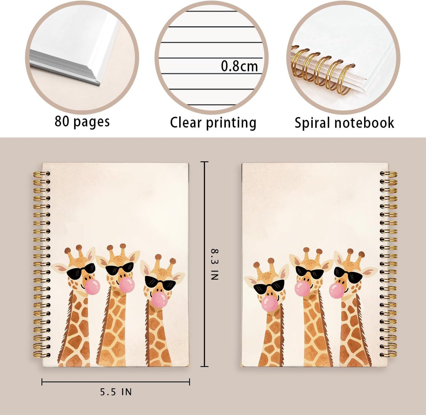 Funny Bubble Gum Giraffe Notebook Journal for Kids, Giraffe Gifts for Women Notebooks for Women, Animal Lover Gifts Journal, Cute Wild Animal Hardcover Spiral Notebook 5.5x8.3 Inch