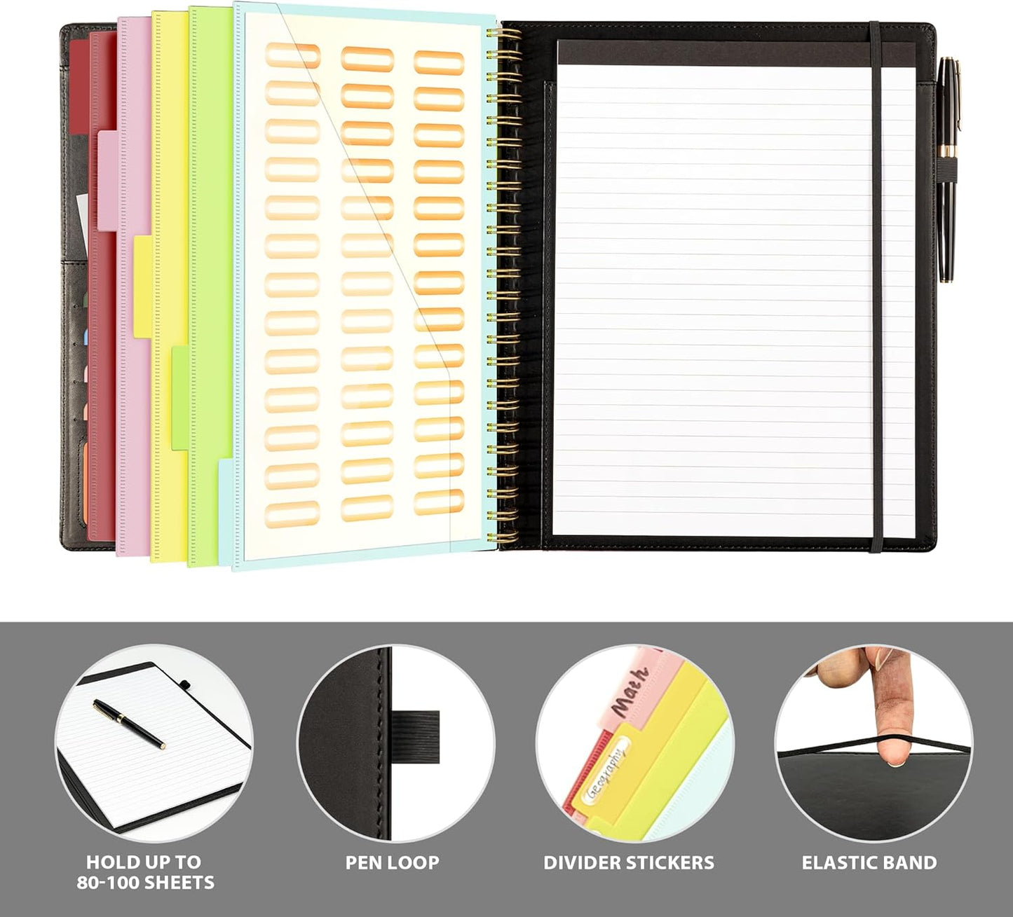 Ospelelf Clipboard with Storage for Men Women, Leather Padfolio Portfolio Organizer 5 Folders with 10 Pockets, Spiral Clipboard Folio with Notepad for Letter Size, Elastic Closure and Pen Loop Black