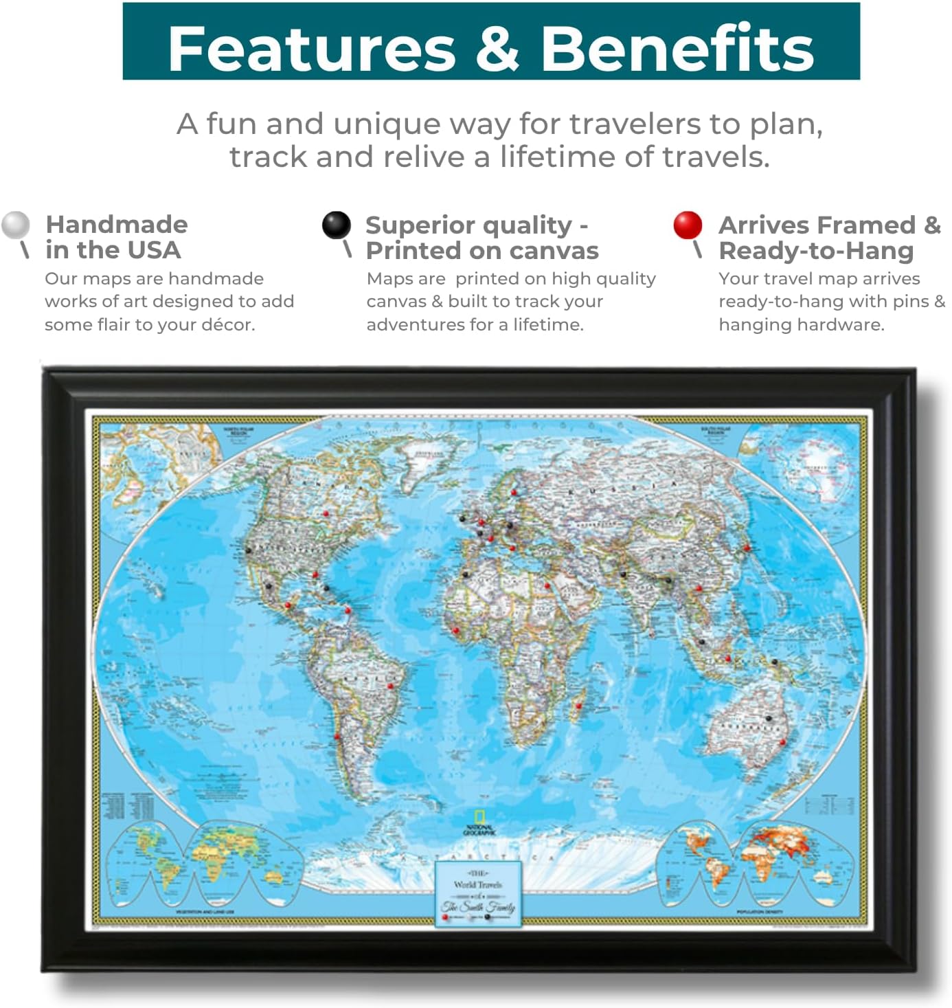 Canvas Classic World Map Pin Board – Framed Travel Map with Pins for Wall – Personalized Push Pin World Map for Tracking Journeys – 27.5" x 39.5" Black Frame