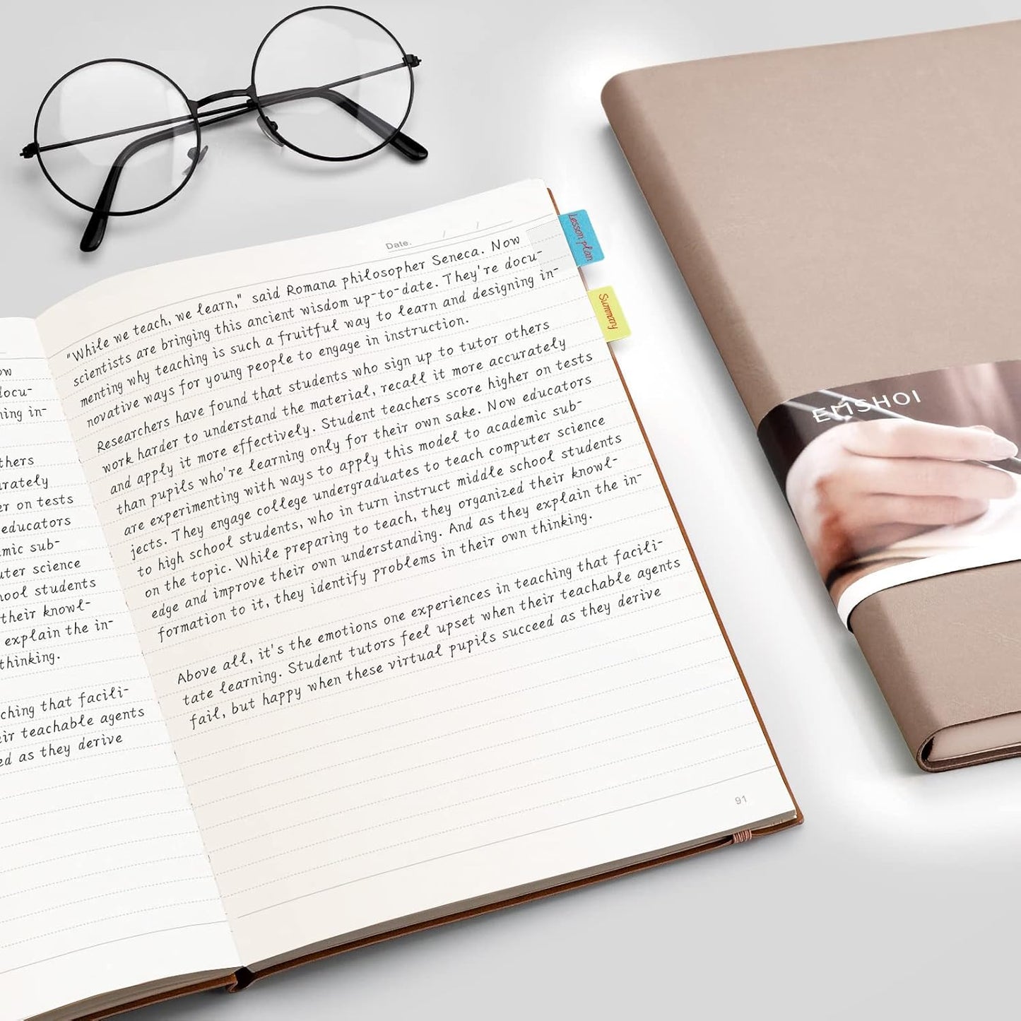 EMSHOI College Ruled Composition Notebook - Large B5 Notebook Lined Journal Leather with Free Sticky Notes, 204 Numbered Pages,100gsm Thick Lined Paper, Softcover, 7.5"x10"-Khaki