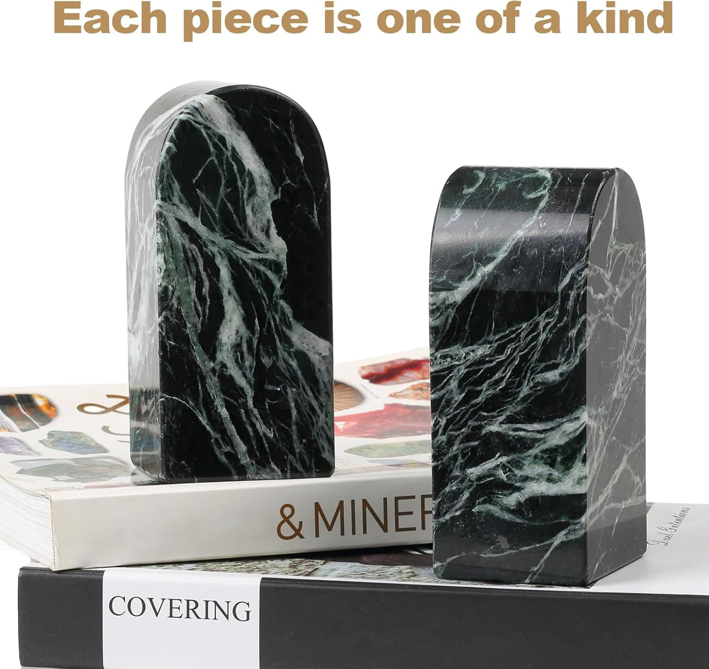 Koville Italian Natural Marble Bookends for Shelves, Decorative Book Ends, 7lbs Heavy-Duty Marble Book Holders, Bookshelf Apartment Decor for Normal Books/CD/Video Games(Verde Remeggiato)