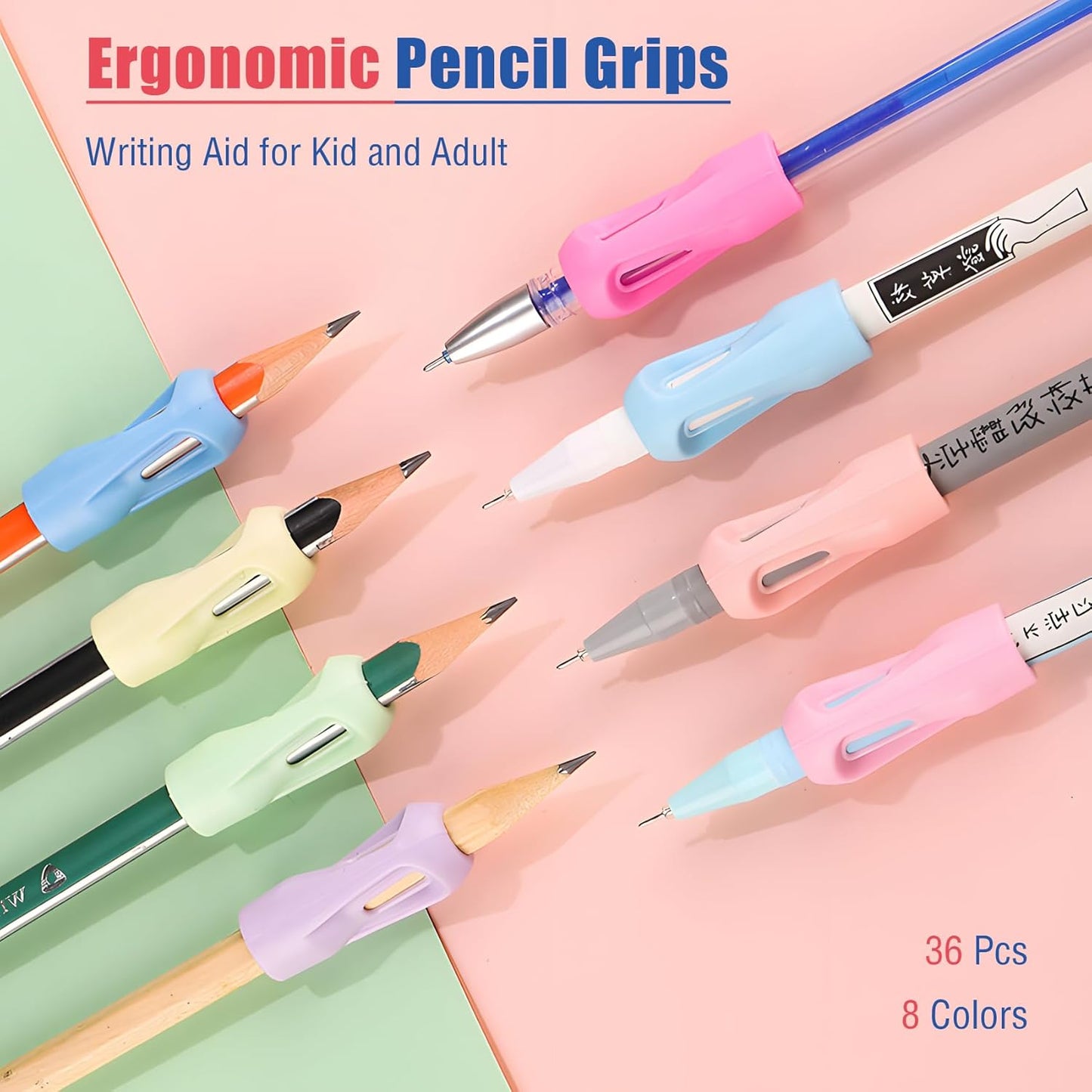 Ergonomic Pencil Grips 36 Packs with 8 Colors, Hollow Trigonal Pencil Holders for Kids Handwriting, Toddler Silicone Pencil Cushion Grippers, Gel Pen Grips for Adults Writing Aid