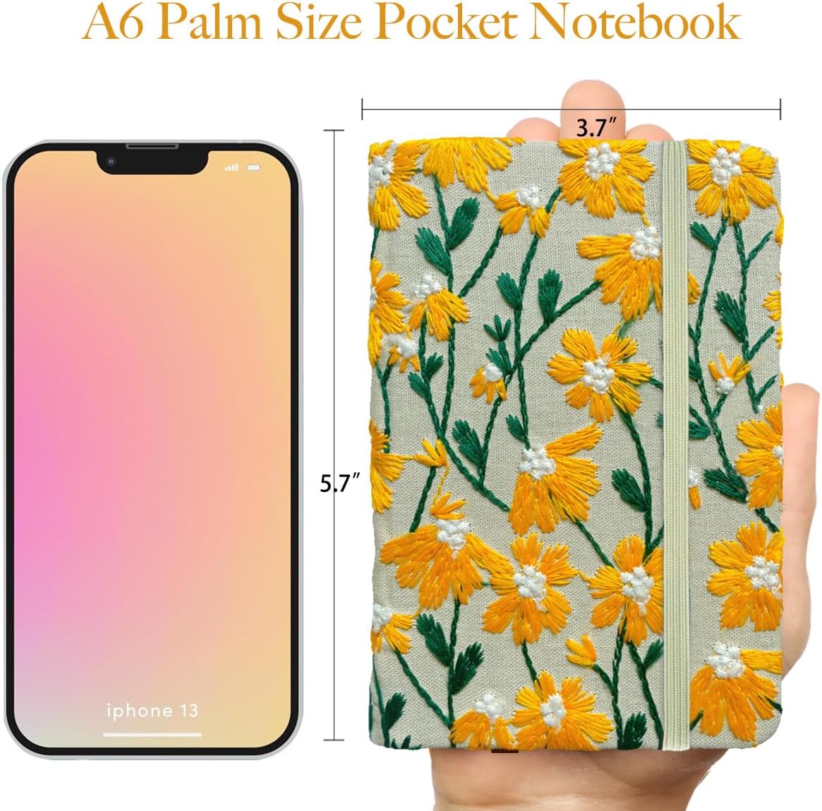 Daisy Gifts for Women, Flower Embroidered Journal, Pocket Sketchbook, A6, Small Unlined Notebook 4x6, Hardcover, Lay Flat, Elastic Band, Cute Notebooks, Pretty Journal, Yellow Daisy