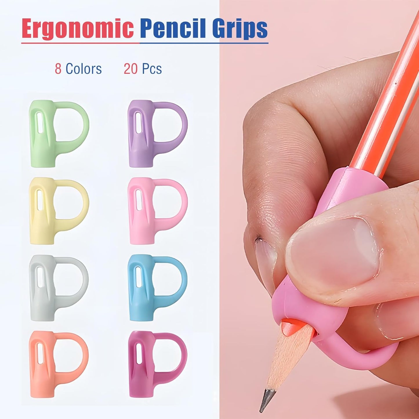 Ergonomic Pencil Grips 20 Pcs with 1 Finger Ring, 8 Colors Pencil Holders for Kids Handwriting, Hollow Pencil Grippers for Adults Writing Aid, Silicone Pencil Cushion, Gel Pen Grips