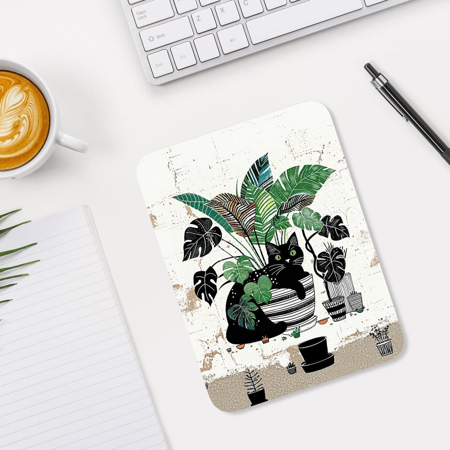 Small Mouse Pad, Mini Mouse Pad 6 x 8 Inch, Thick Rubber Waterproof Mouse Mat, Cute Mousepad for Women Men Wireless Mouse Laptops Home Office, Cat and Plants