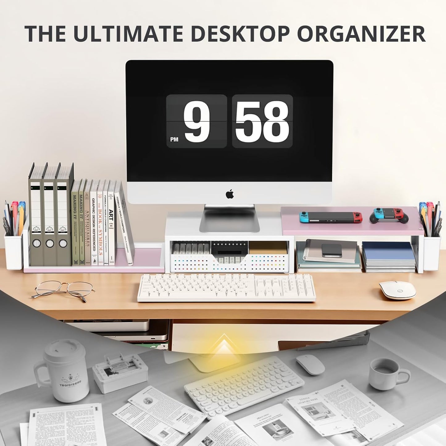 OPNICE Wood Desk Organizers and Accessories, Dual Monitor Stand Riser with Drawer and 2 Pen Holders, Desk Shelf Computer Racks for Office Workspace Organizers, Desktop Organization (Pink& White)