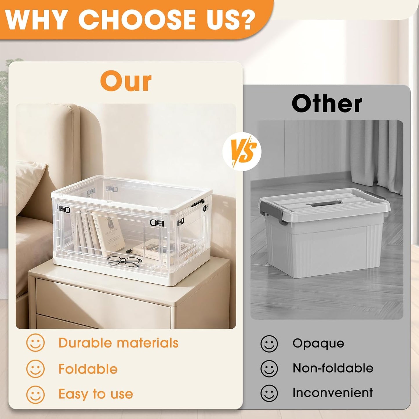 MGWILL 72 Quart Plastic Storage Bins with Lids & Wheels, Stackable Closet Organizers and Storage 5 Doors, Large Collapsible Storage Boxes, Foldable Clear Storage Containers