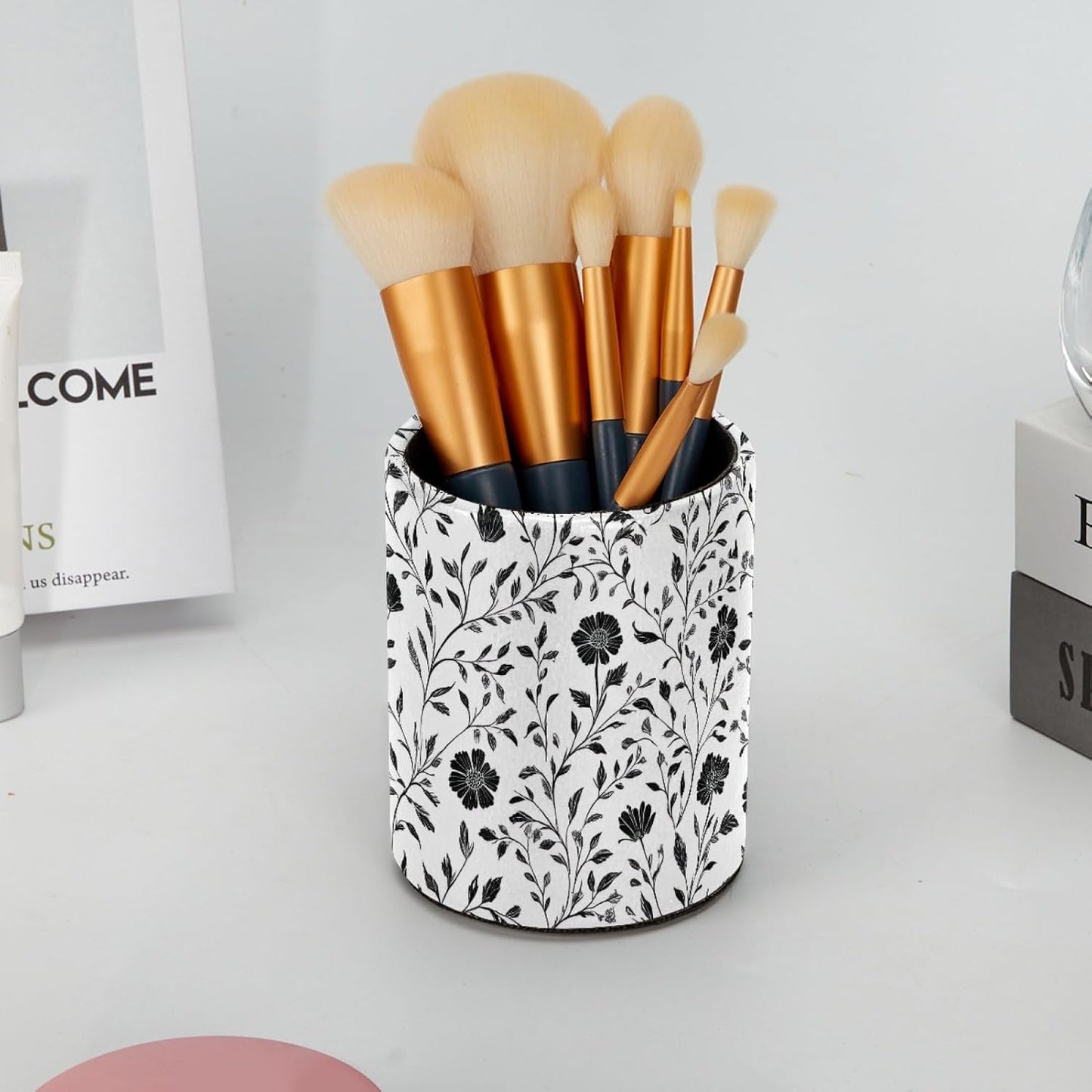Retro Black Plant Flowers Desk Pen Organizer, Pen Cup Makeup Brush Holders Pencil Holder for Desk, Desktop Supplies & Accessories Workspace Organizers for Office Home School Art Supply