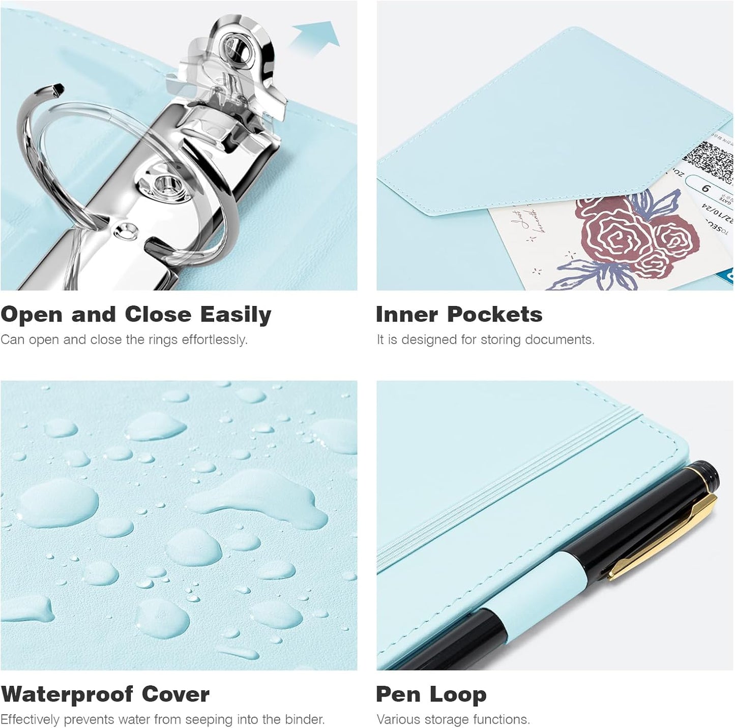 Ospelelf Mini Binder 2 Inch Small 3 Ring Vintage Leather Clipboard 5.5" x 8.5", Professional Binder Organizer Dividers with Tabs, Bule