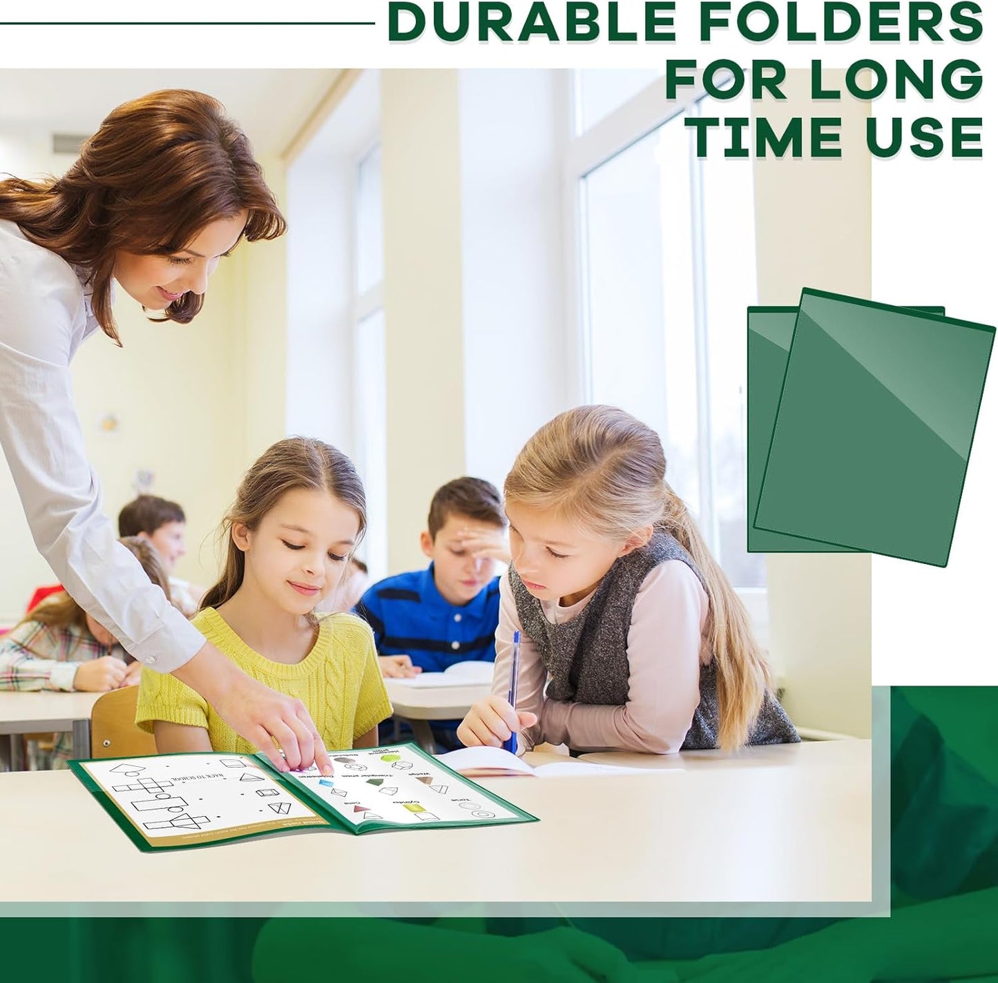 Henoyso 12 Pcs School and Home 2 Pocket Folders with 4 Clear Inner Pockets Plastic Heavy Duty Homework Folders Parent Teacher Communication for Student Home Office Classroom,11 x 9 Inch (Dark Green)