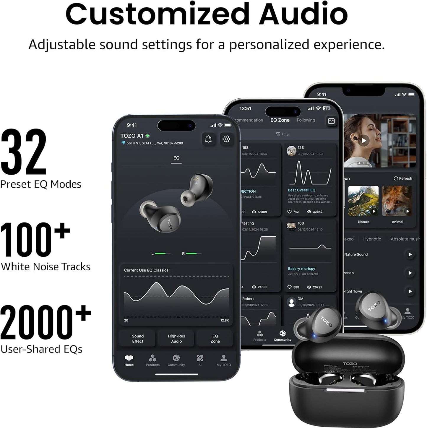 TOZO A1 Wireless Earbuds Bluetooth 5.3 Light Weight in Ear IPX5 Waterproof Headphones 2 Mic for AI Calls, Immersive Premium Sound Bass Headset with Charging Case, 32 Presets EQ Customization via App